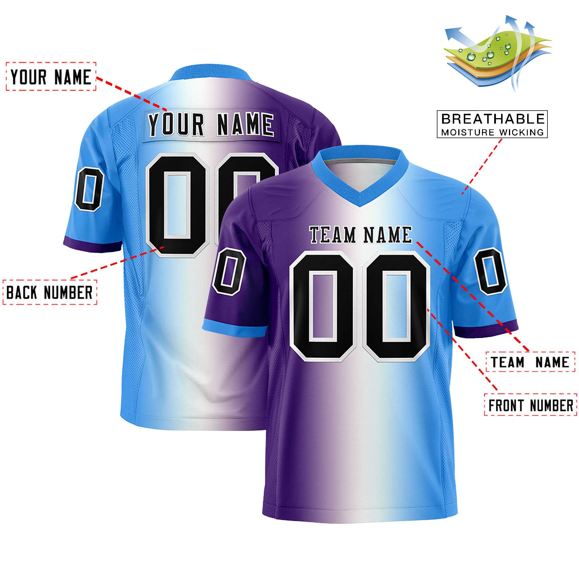 Custom Purple White-Powder Blue Personalized Gradient Fashion Authentic Football Jersey