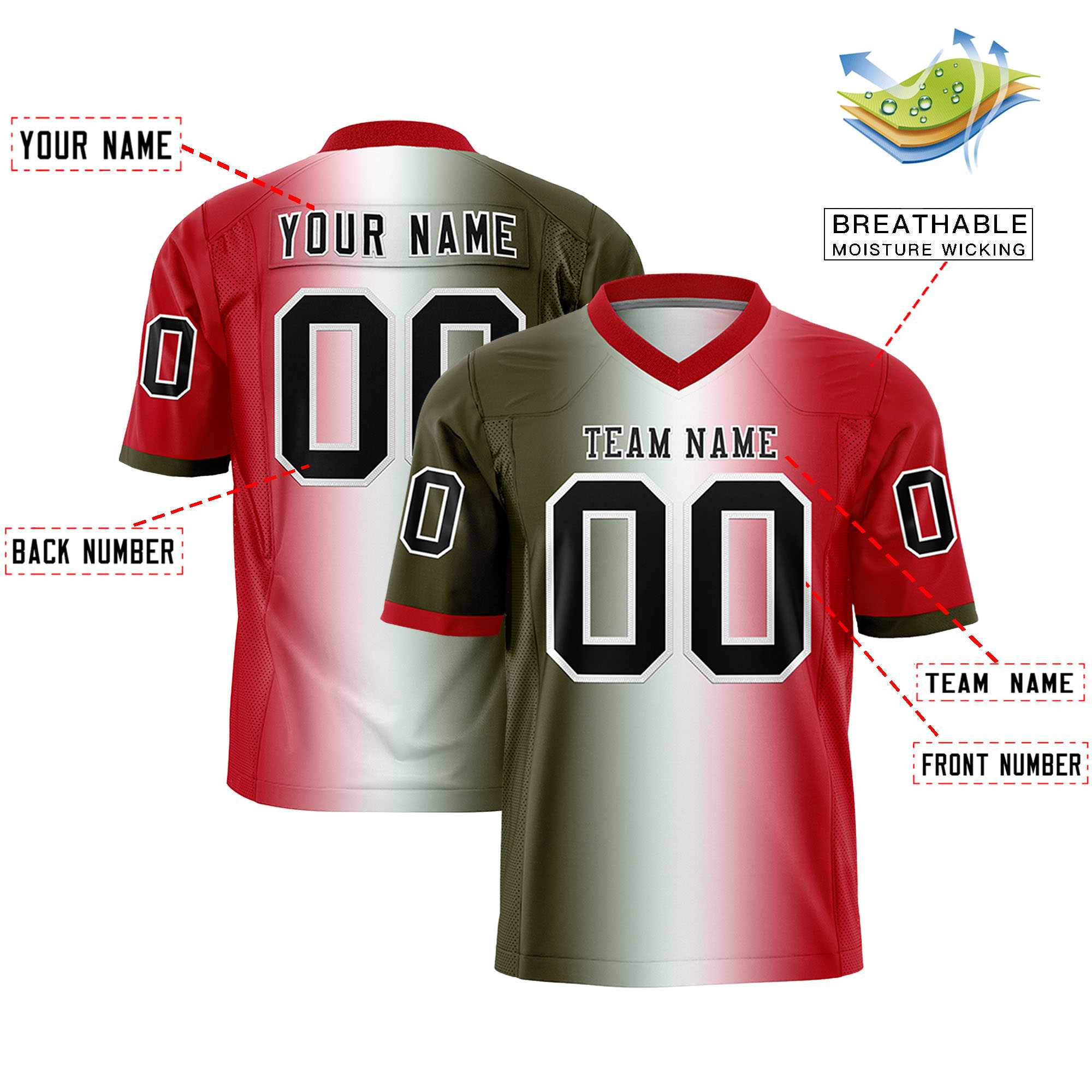 Custom Olive White-Red Personalized Gradient Fashion Authentic Football Jersey