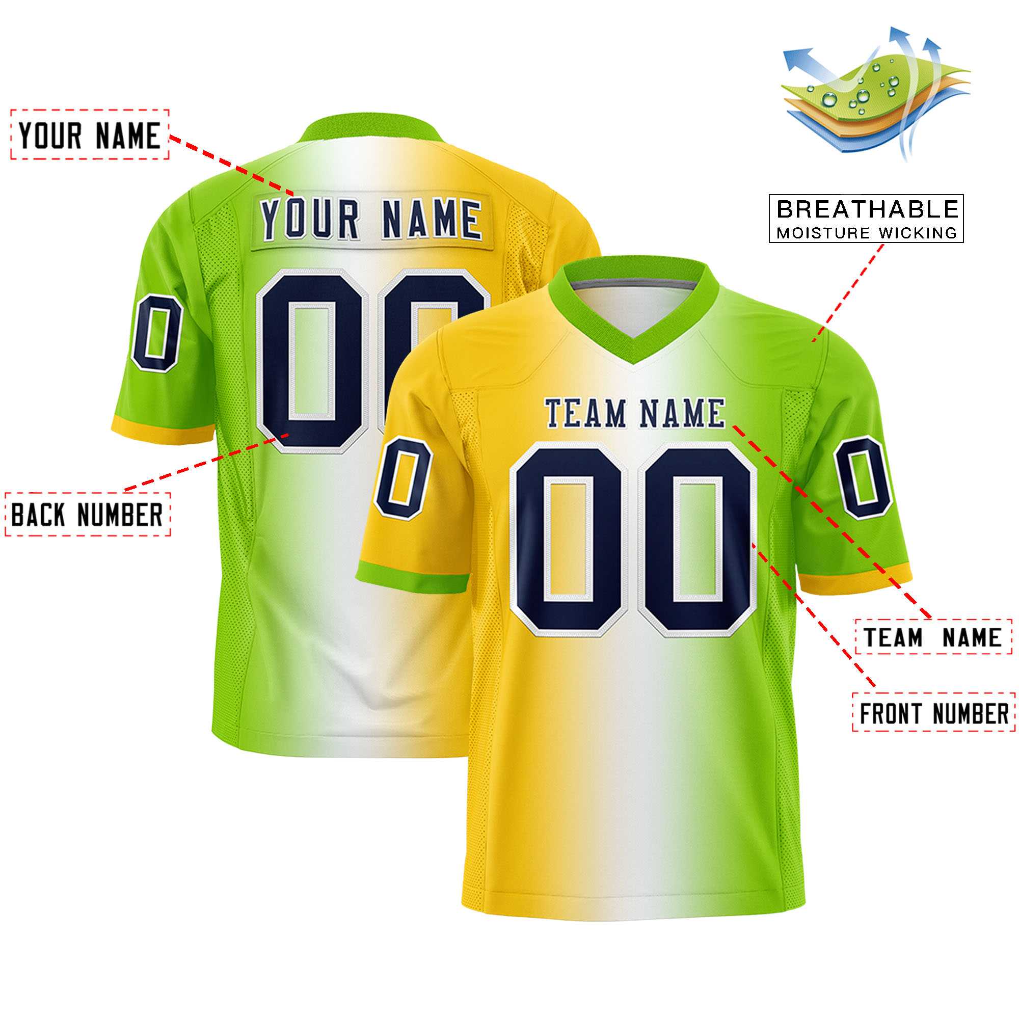 Custom Gold White-Neon Green Personalized Gradient Fashion Authentic Football Jersey