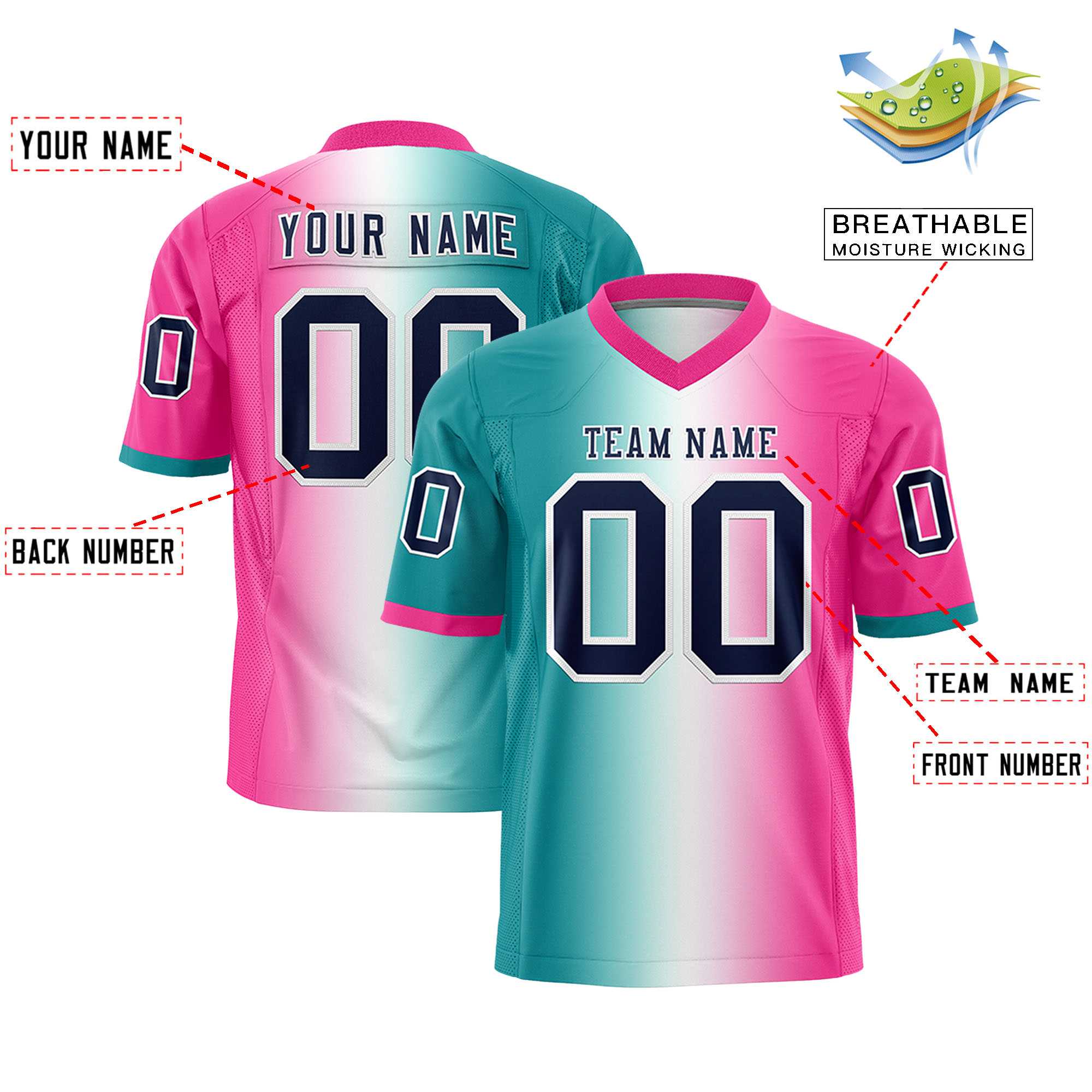 Custom Aqua White-Pink Personalized Gradient Fashion Authentic Football Jersey