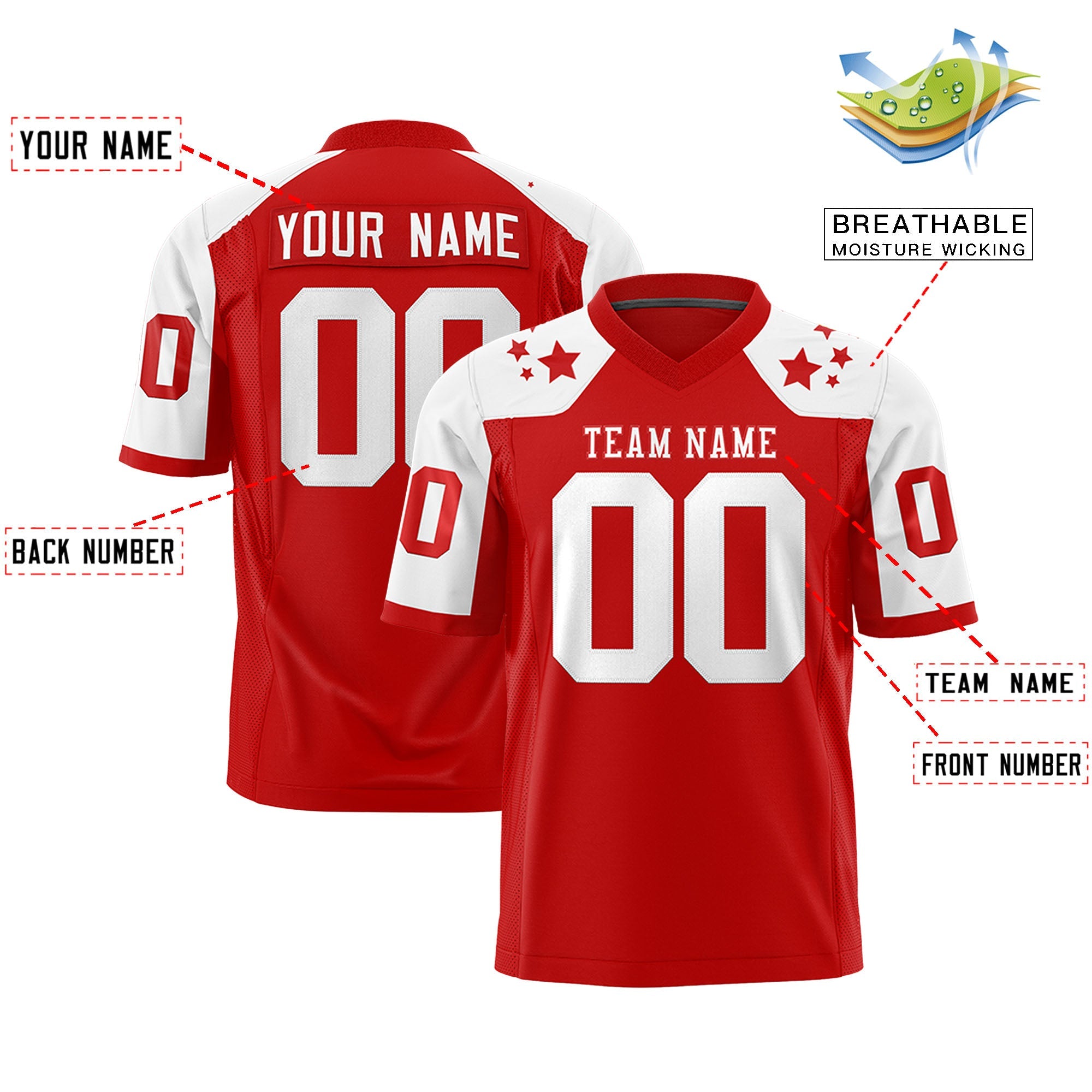 Custom Red White Personalized Shoulder Star Pattern Authentic Football Jersey