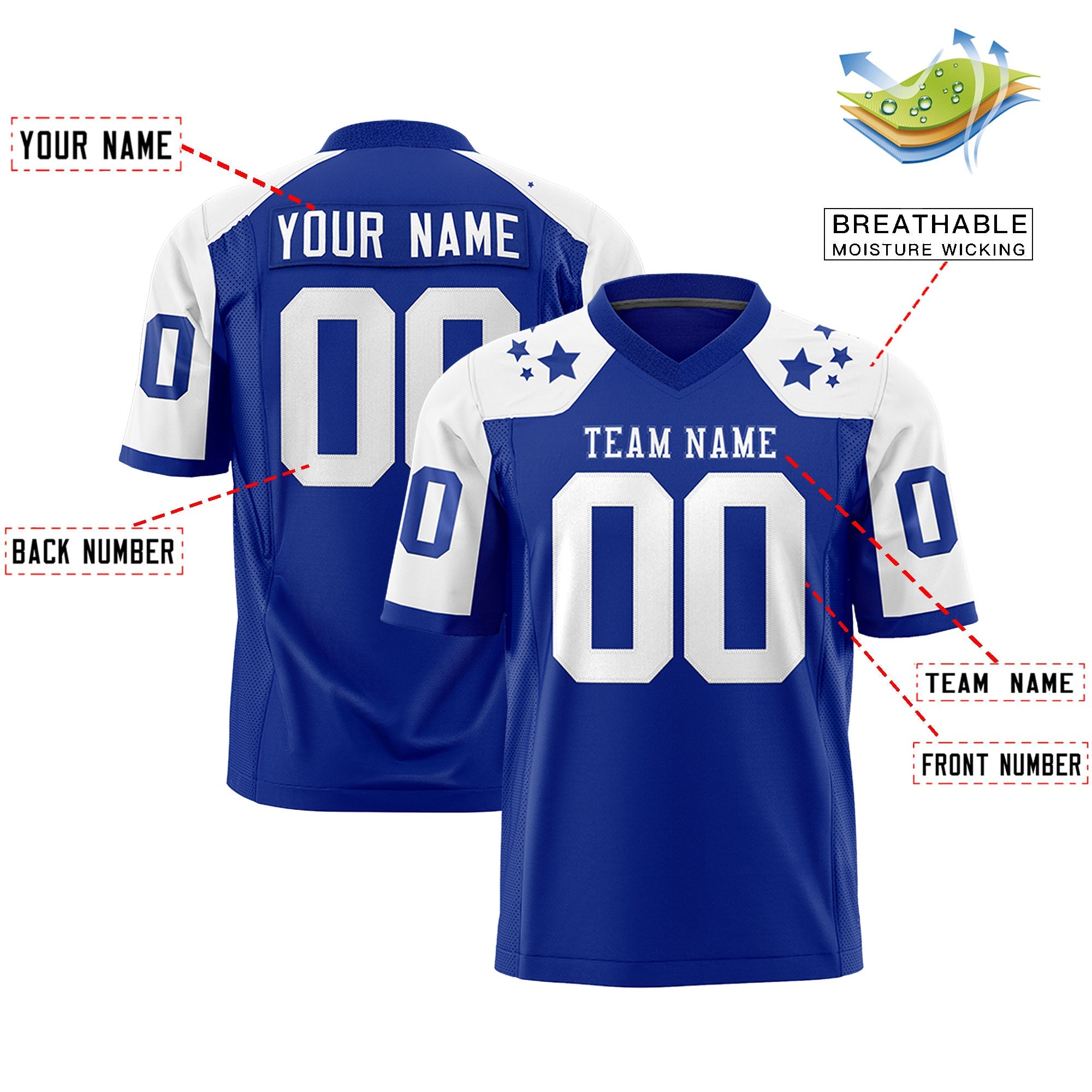 Custom Royal White Personalized Shoulder Star Pattern Authentic Football Jersey