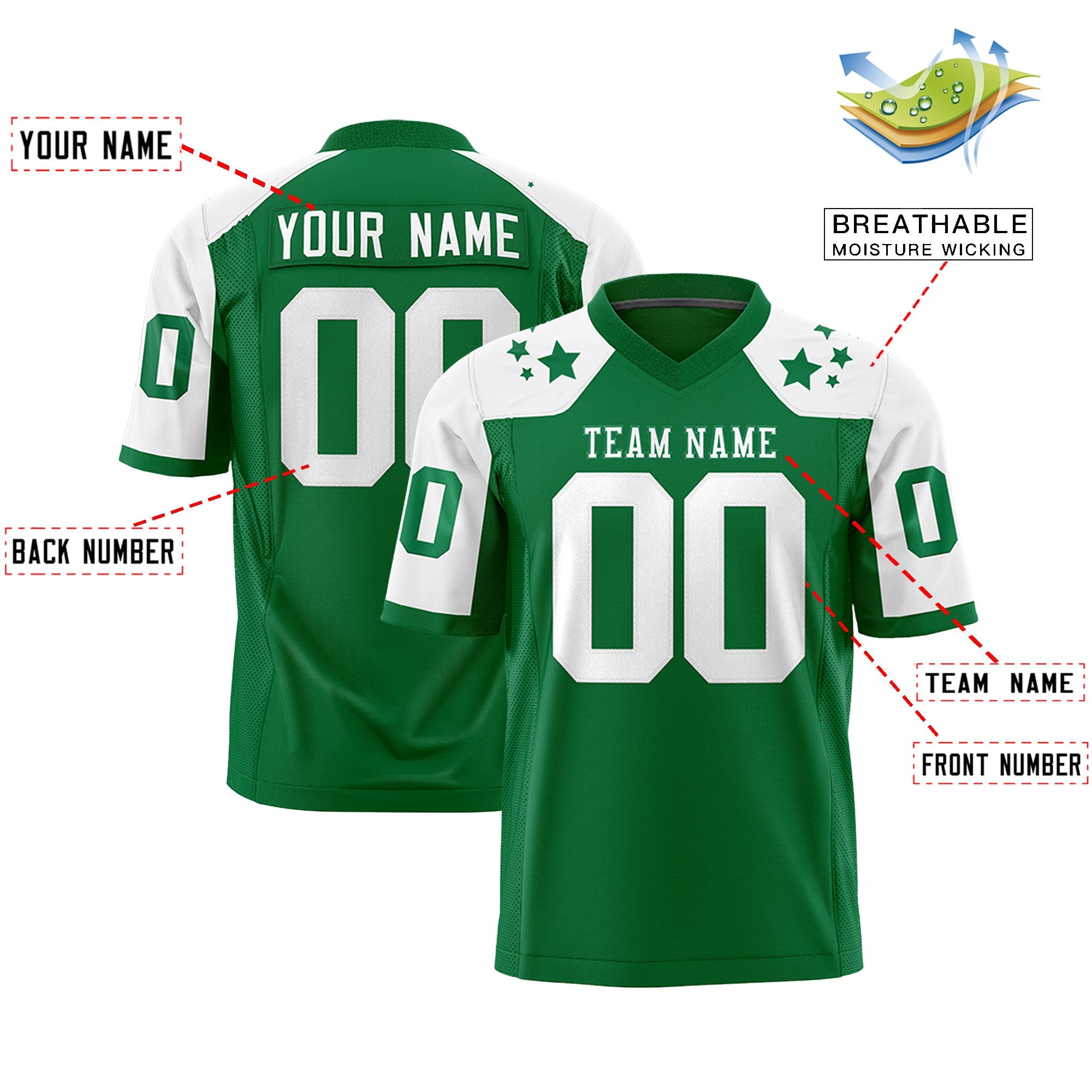 Custom Kelly Green White Personalized Shoulder Star Pattern Authentic Football Jersey