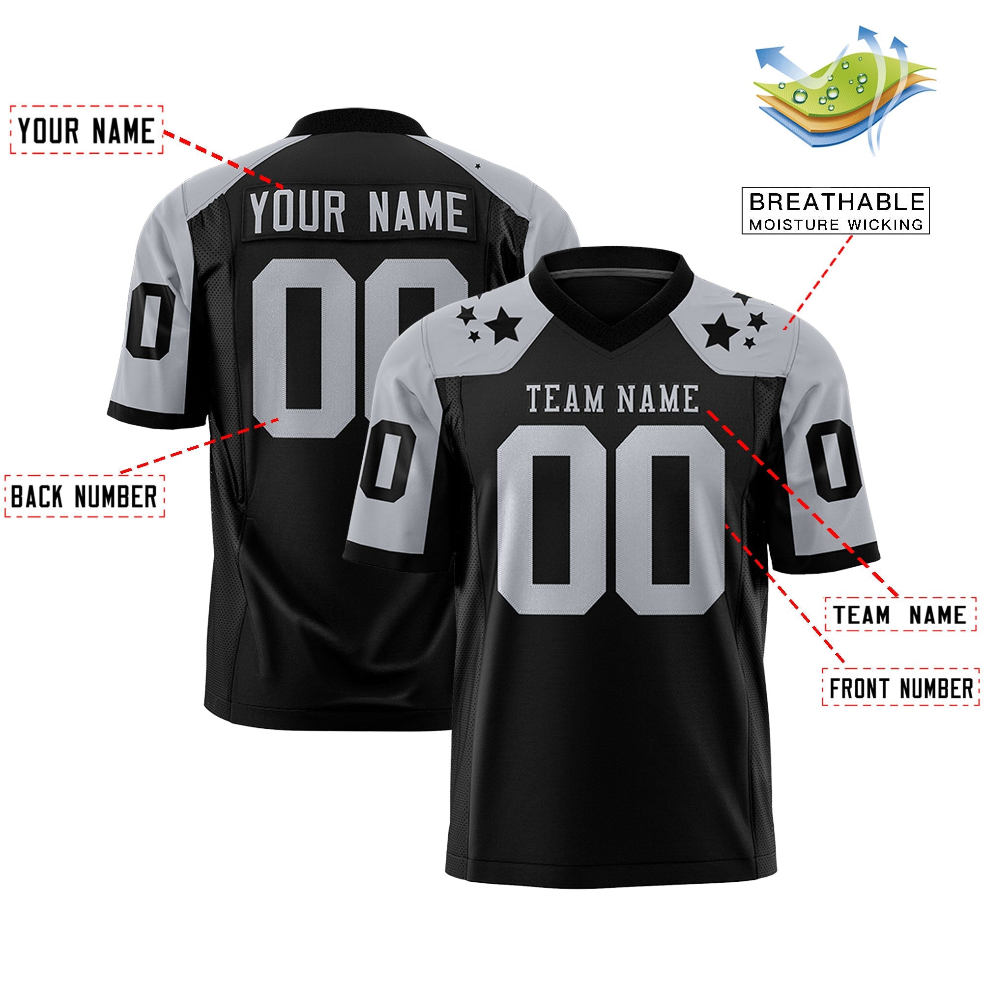 Custom Black Gray Personalized Shoulder Star Pattern Authentic Football Jersey