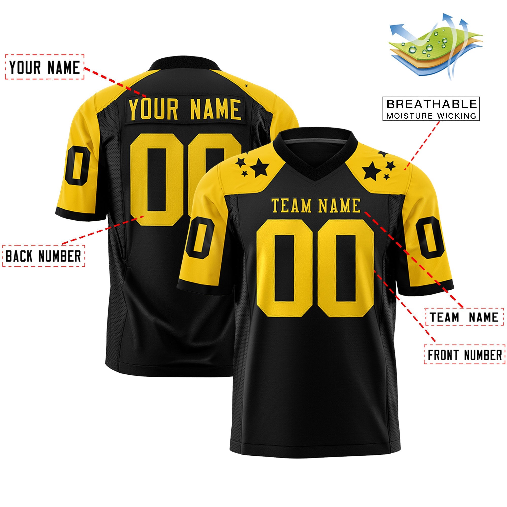 Custom Black Gold Personalized Shoulder Star Pattern Authentic Football Jersey