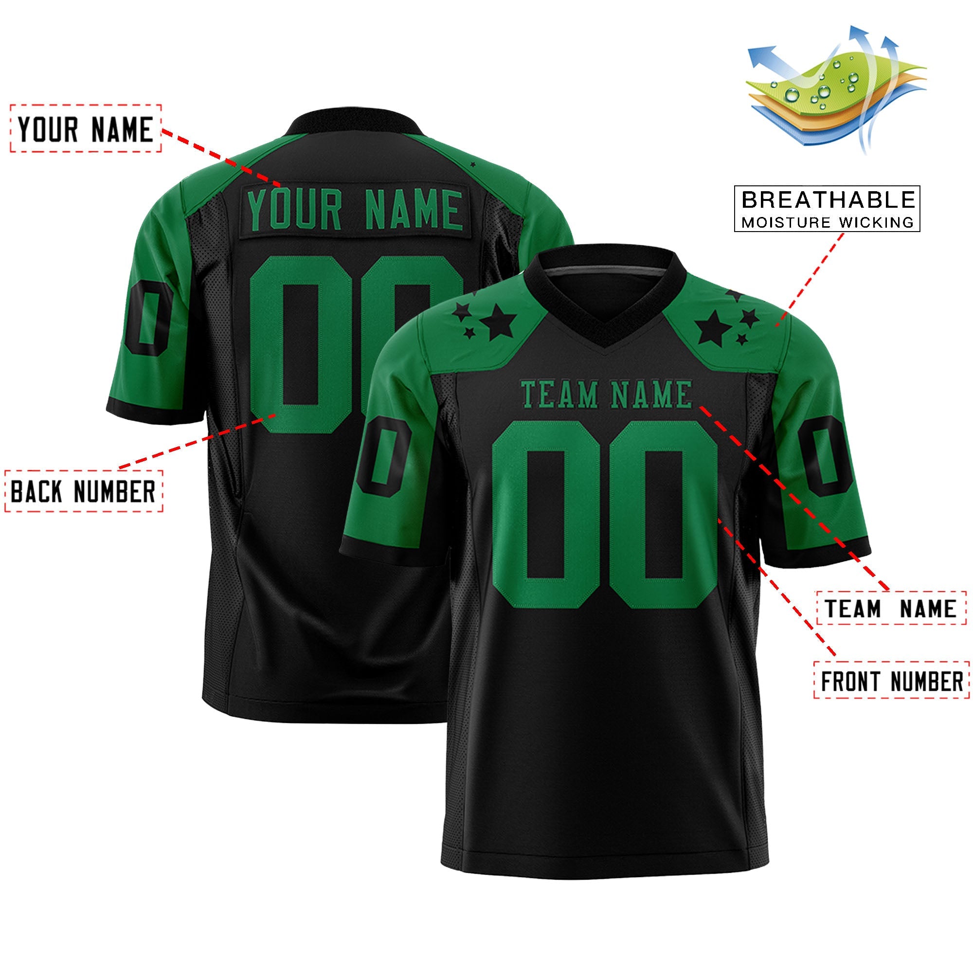 Custom Black Kelly Green Personalized Shoulder Star Pattern Authentic Football Jersey