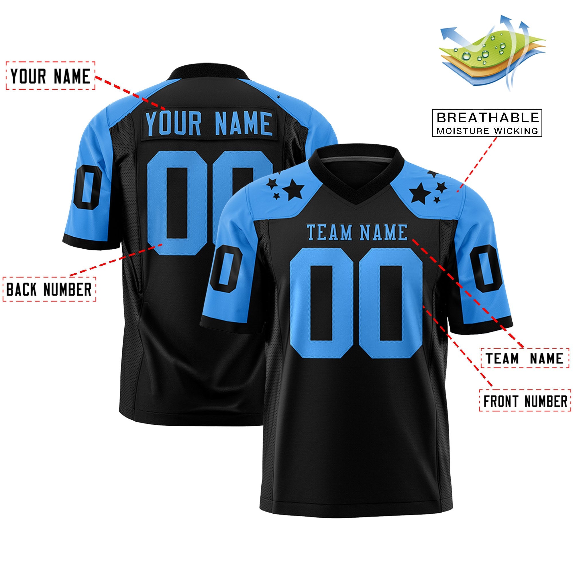 Custom Black Powder Blue Personalized Shoulder Star Pattern Authentic Football Jersey