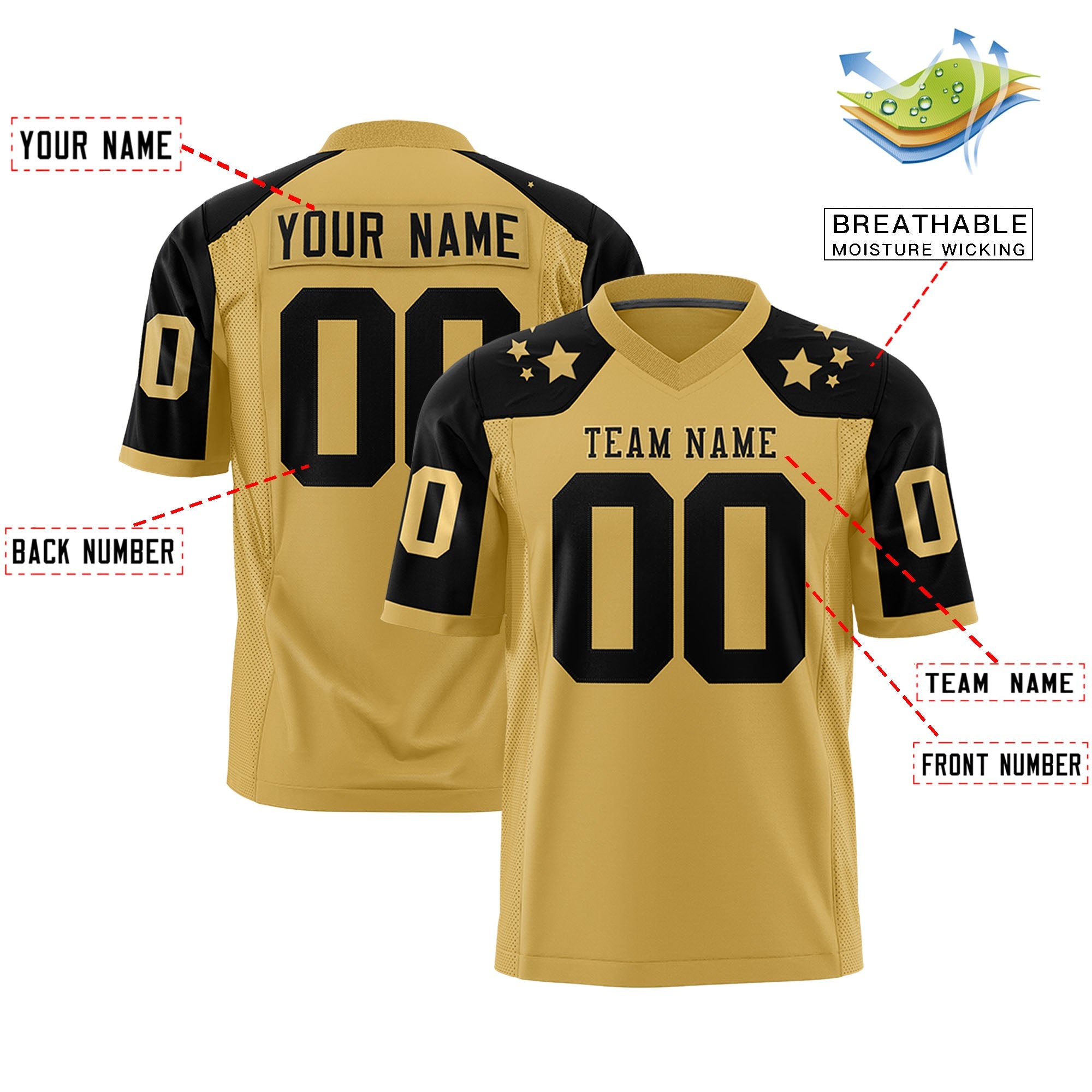 Custom Old Gold Black Personalized Shoulder Star Pattern Authentic Football Jersey