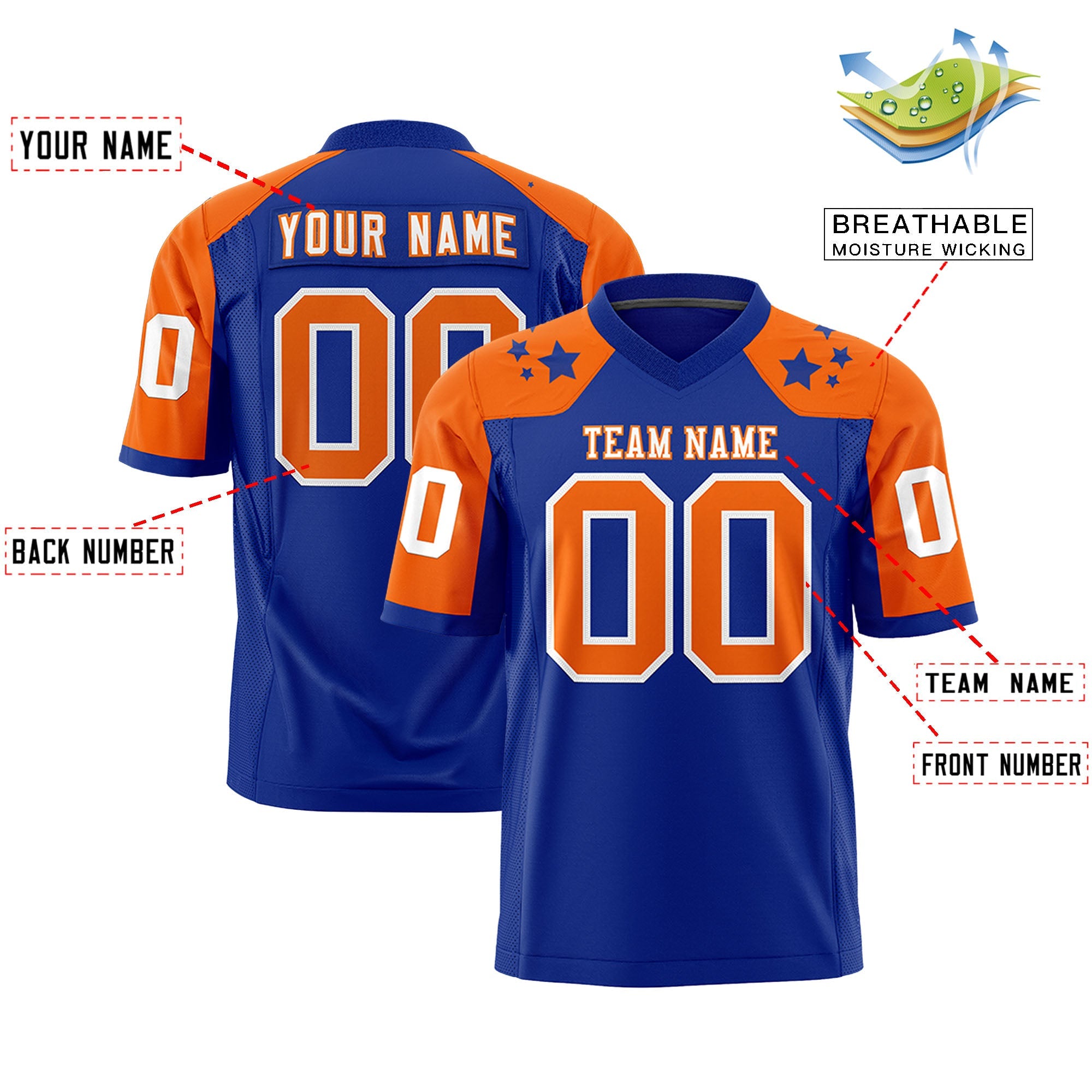 Custom Royal Orange Personalized Shoulder Star Pattern Authentic Football Jersey