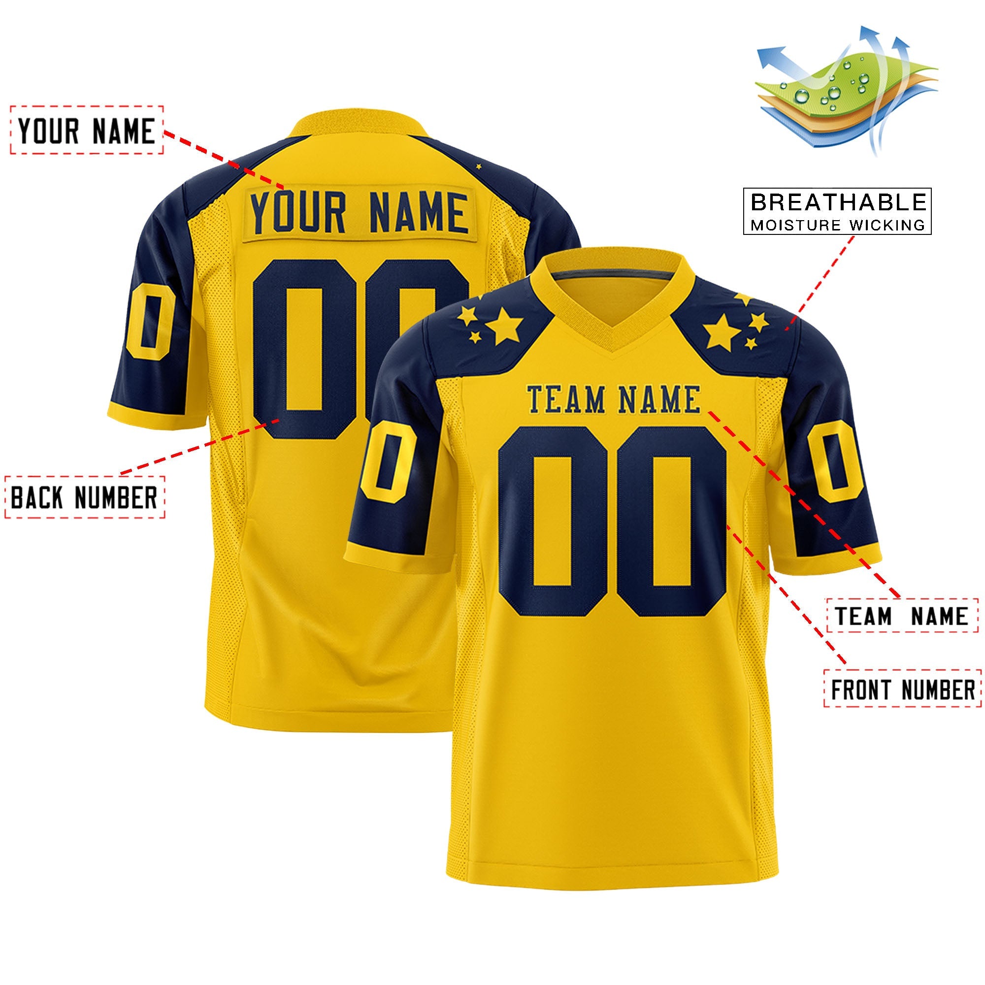 Custom Gold Navy Personalized Shoulder Star Pattern Authentic Football Jersey