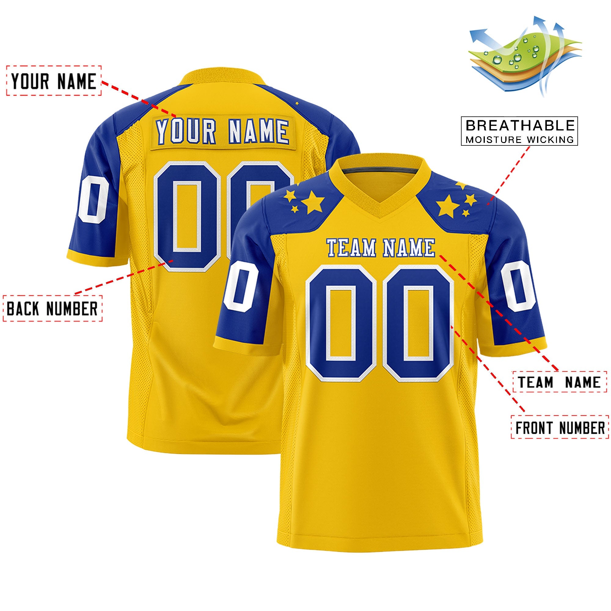 Custom Gold Royal Personalized Shoulder Star Pattern Authentic Football Jersey