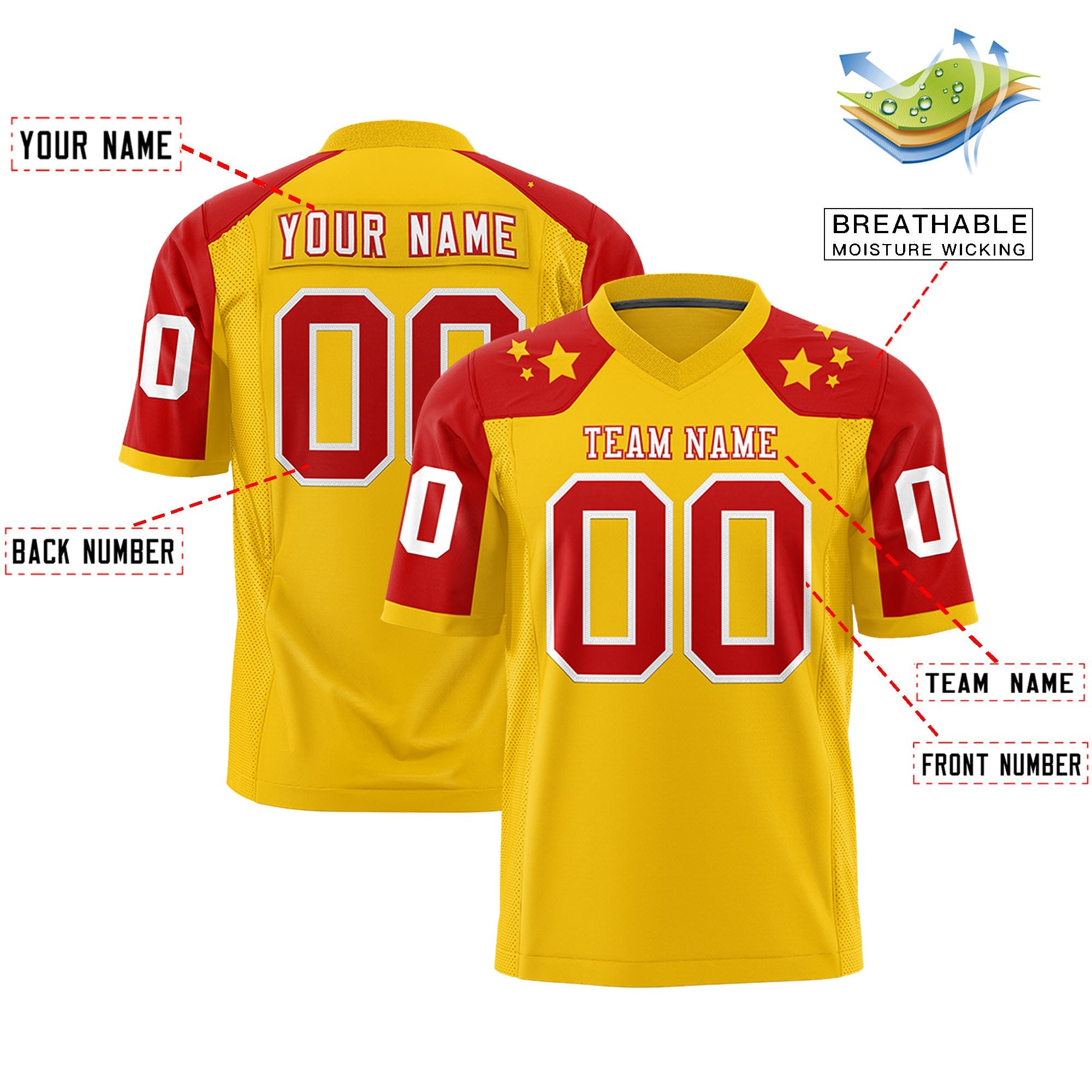 Custom Gold Red Personalized Shoulder Star Pattern Authentic Football Jersey