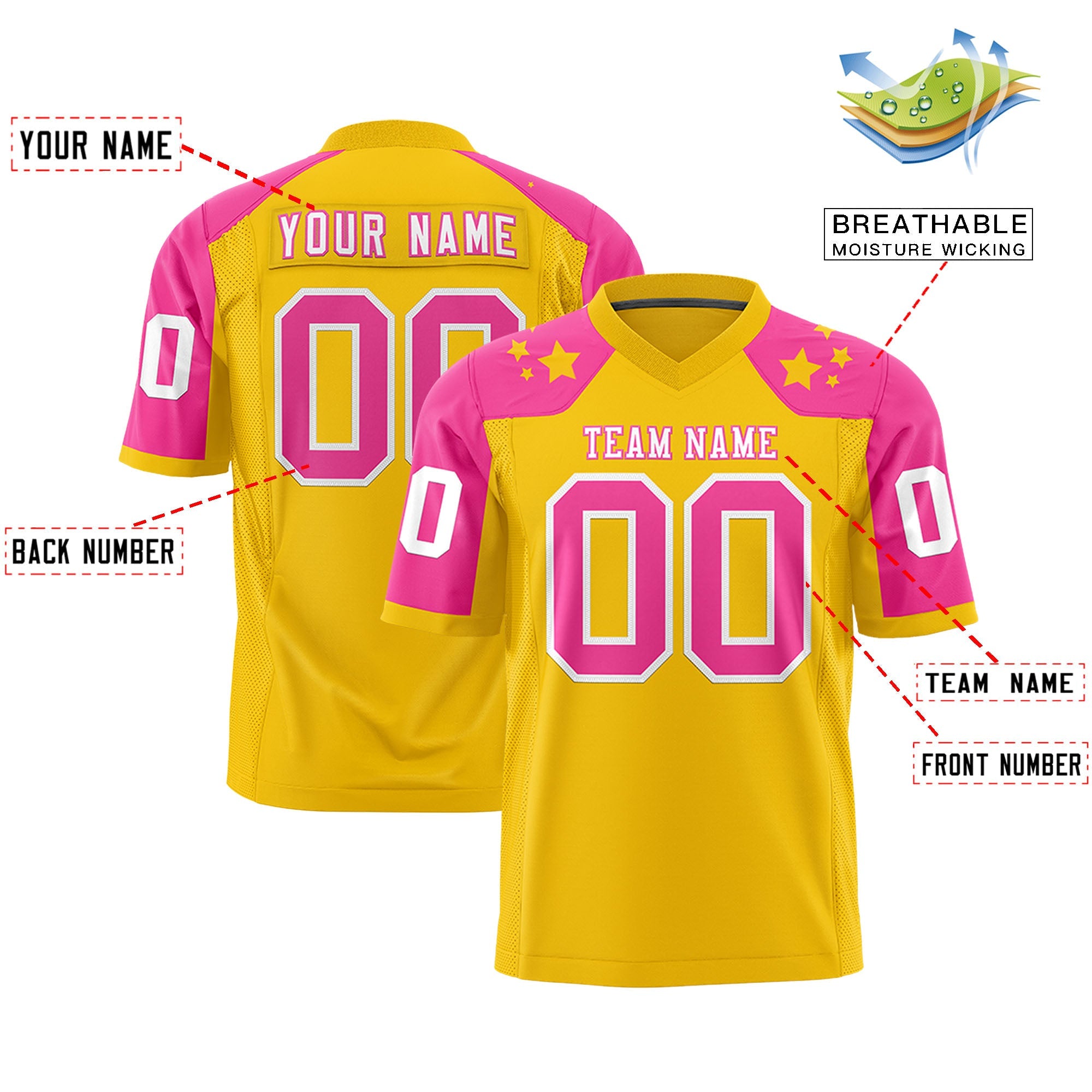 Custom Gold Pink Personalized Shoulder Star Pattern Authentic Football Jersey