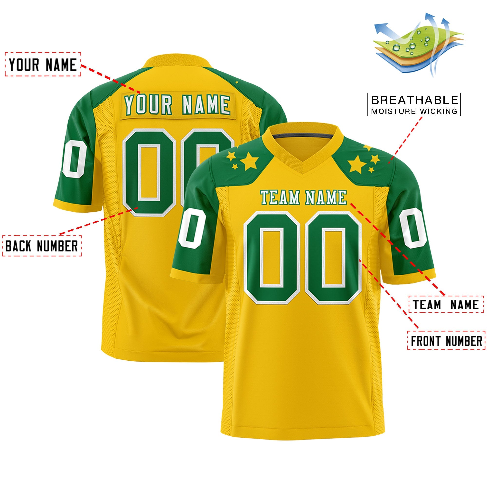 Custom Gold Kelly Green Personalized Shoulder Star Pattern Authentic Football Jersey