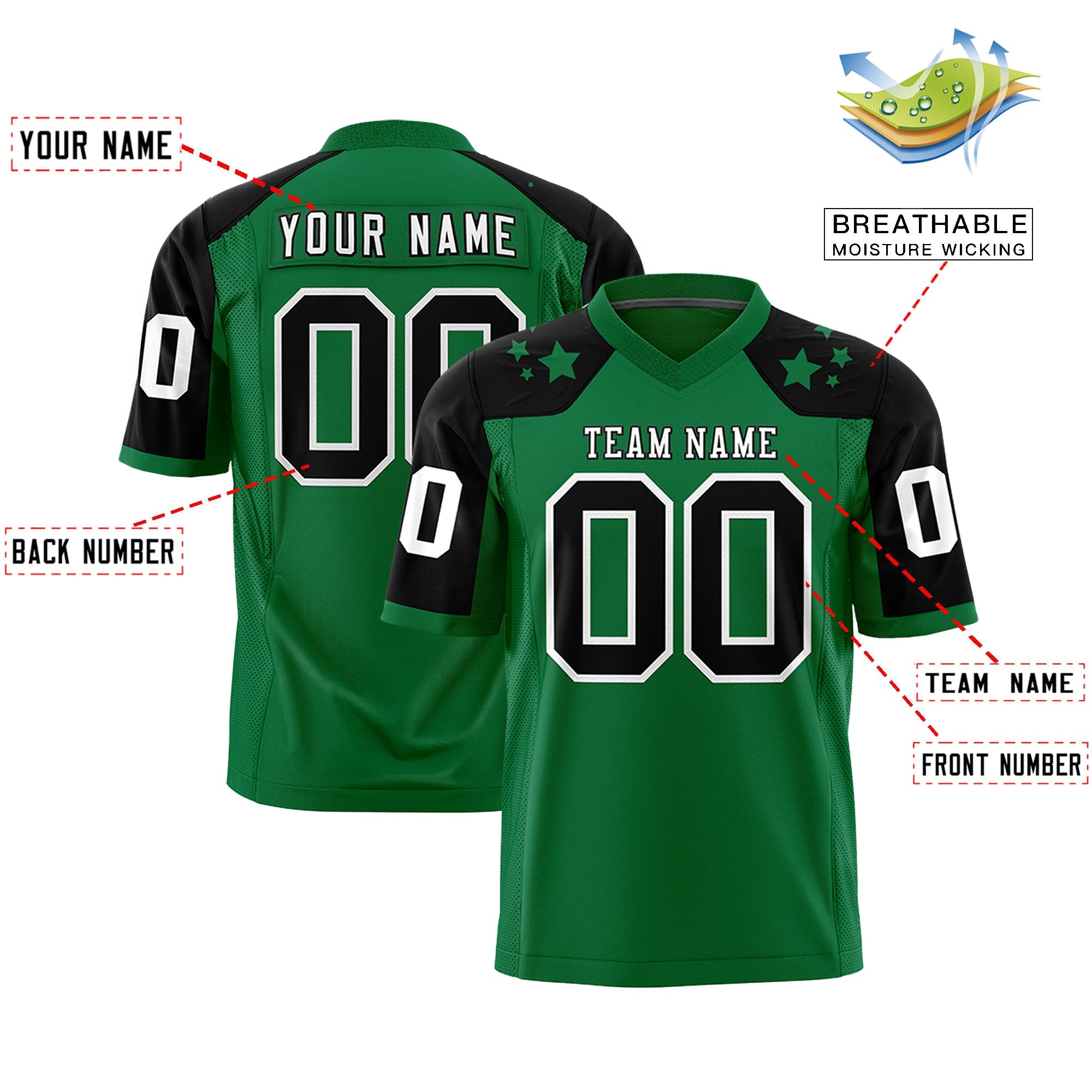 Custom Kelly Green Black Personalized Shoulder Star Pattern Authentic Football Jersey