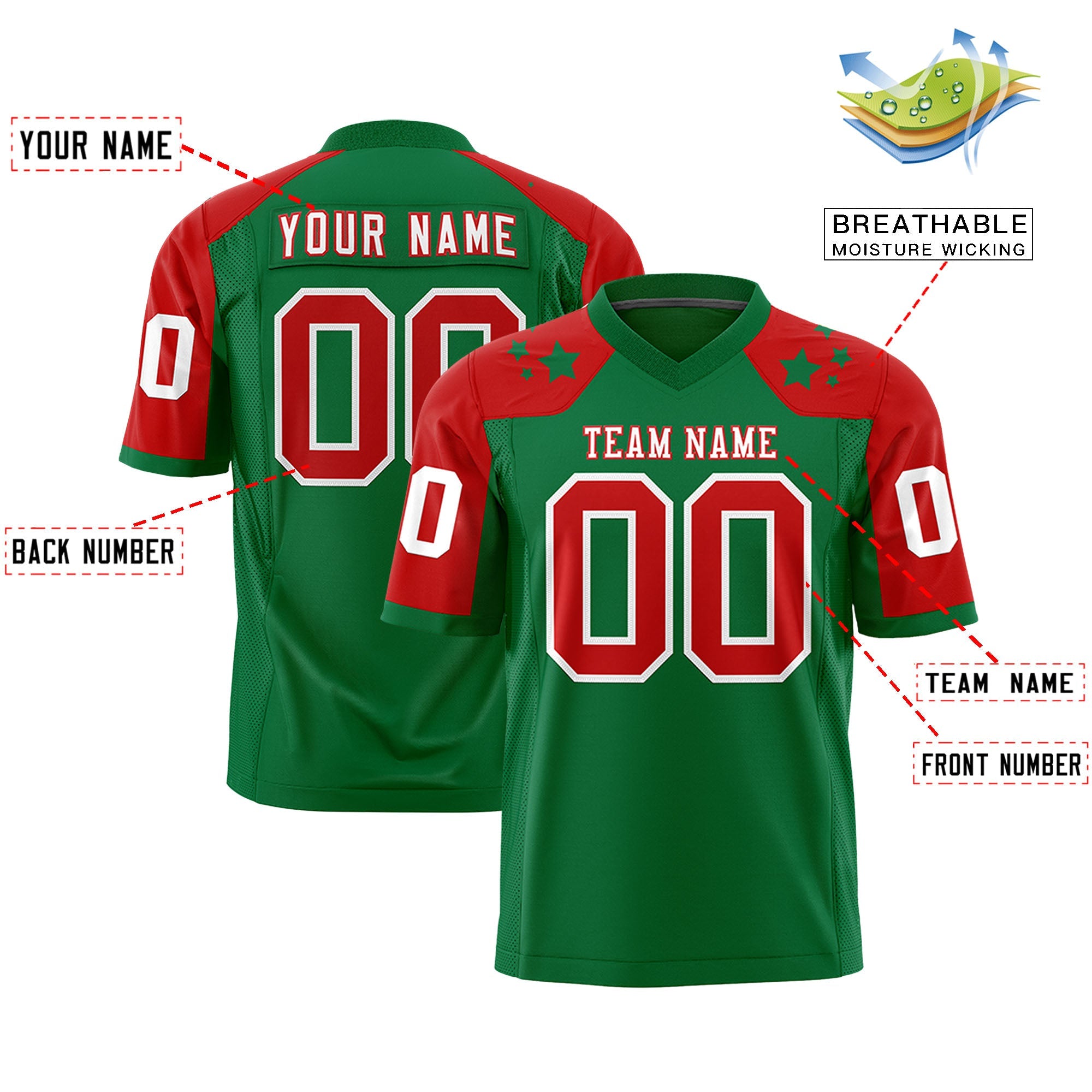 Custom Kelly Green Red Personalized Shoulder Star Pattern Authentic Football Jersey