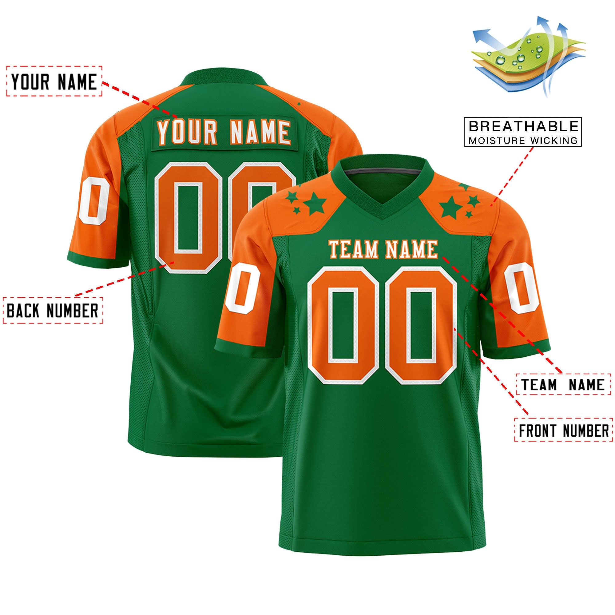 Custom Kelly Green Orange Personalized Shoulder Star Pattern Authentic Football Jersey