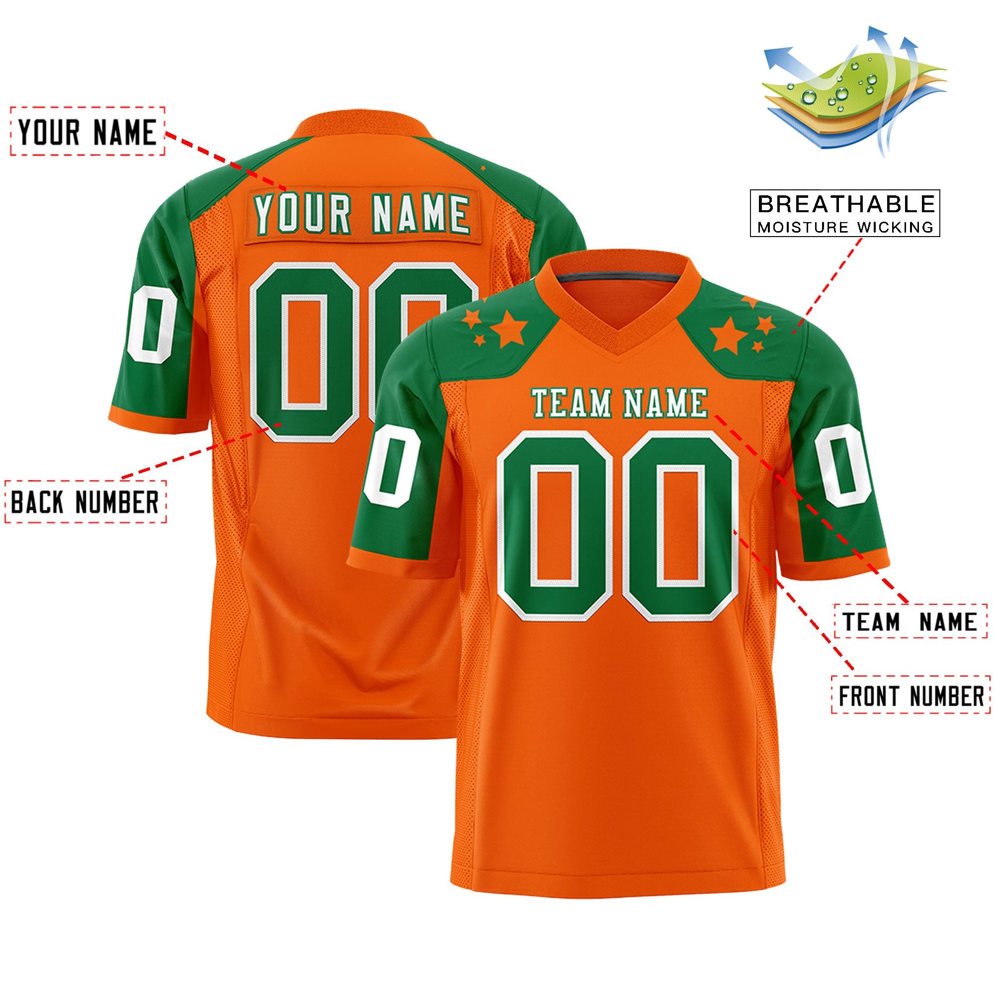 Custom Orange Kelly Green Personalized Shoulder Star Pattern Authentic Football Jersey