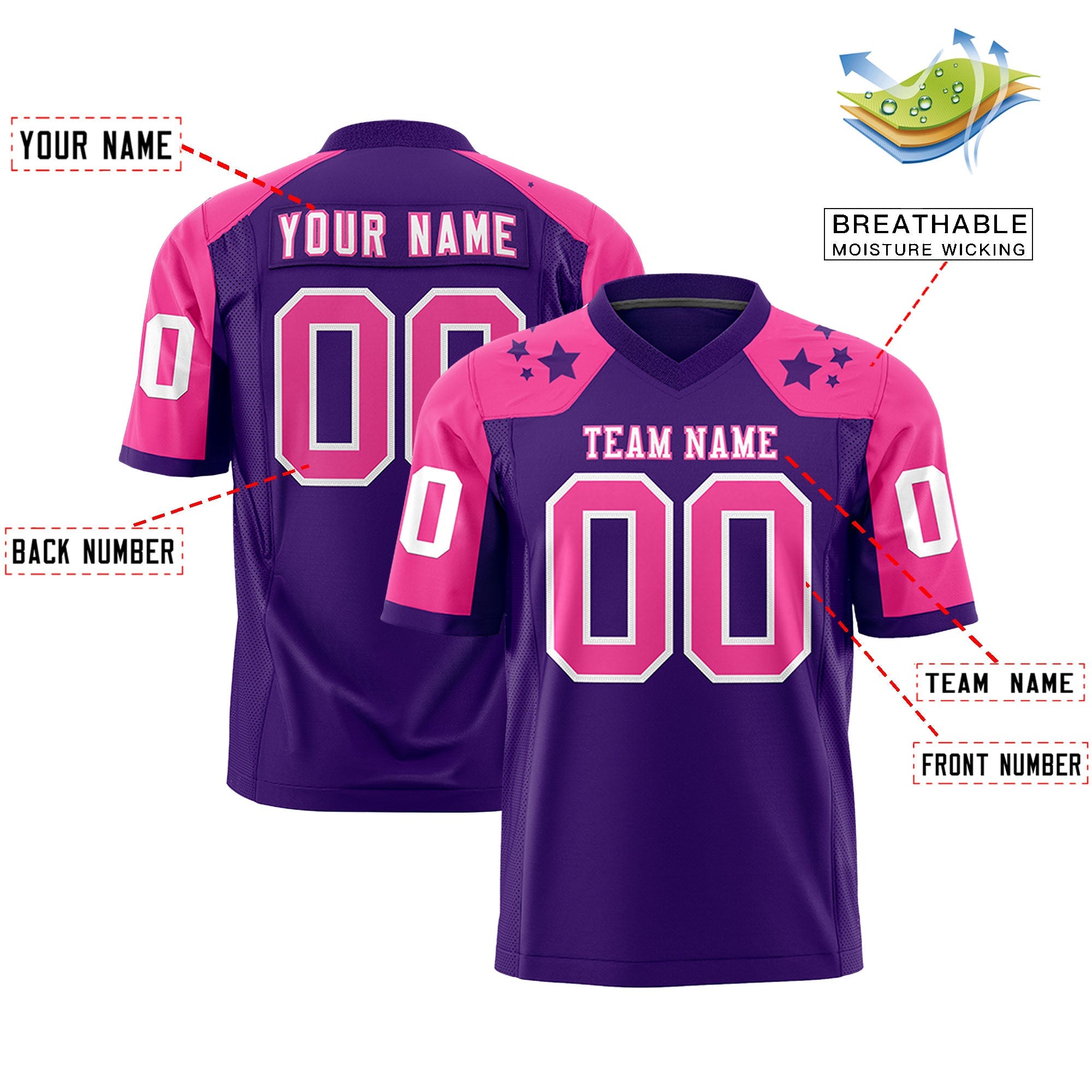 Custom Purple Pink Personalized Shoulder Star Pattern Authentic Football Jersey