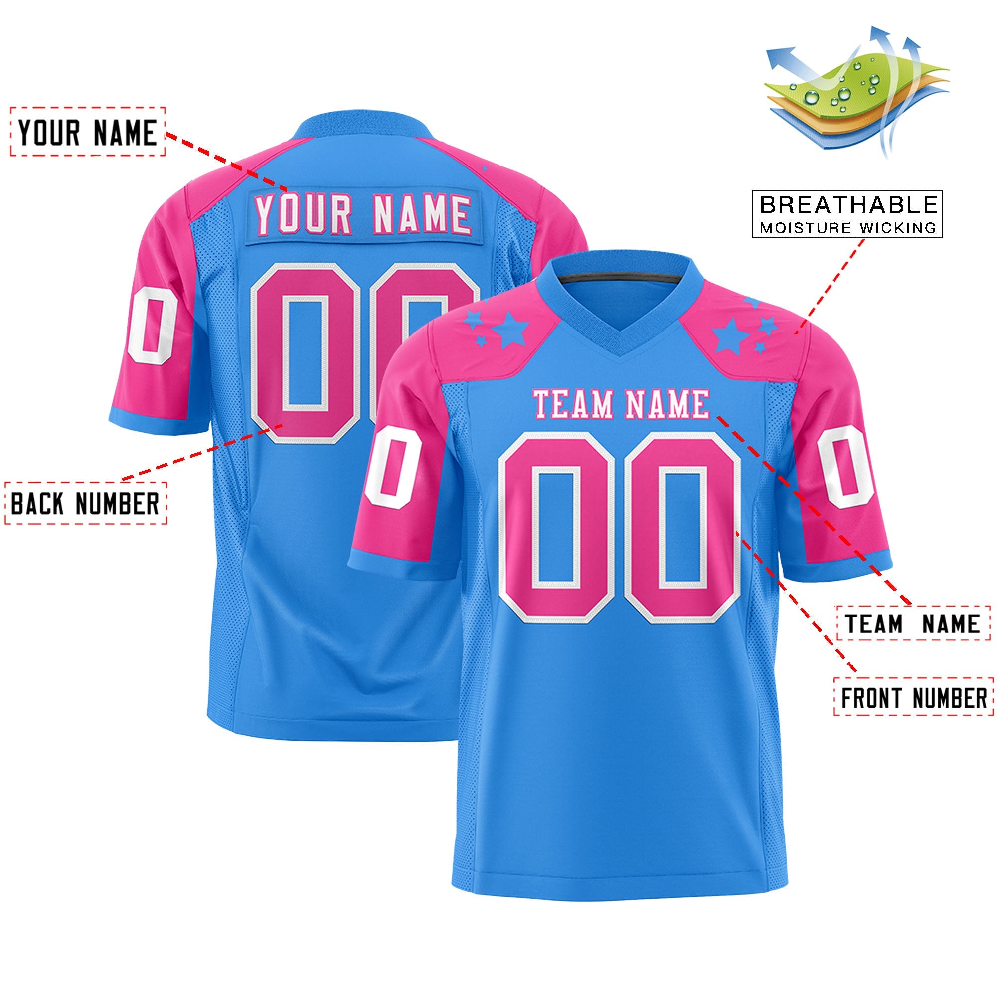 Custom Powder Blue Pink Personalized Shoulder Star Pattern Authentic Football Jersey