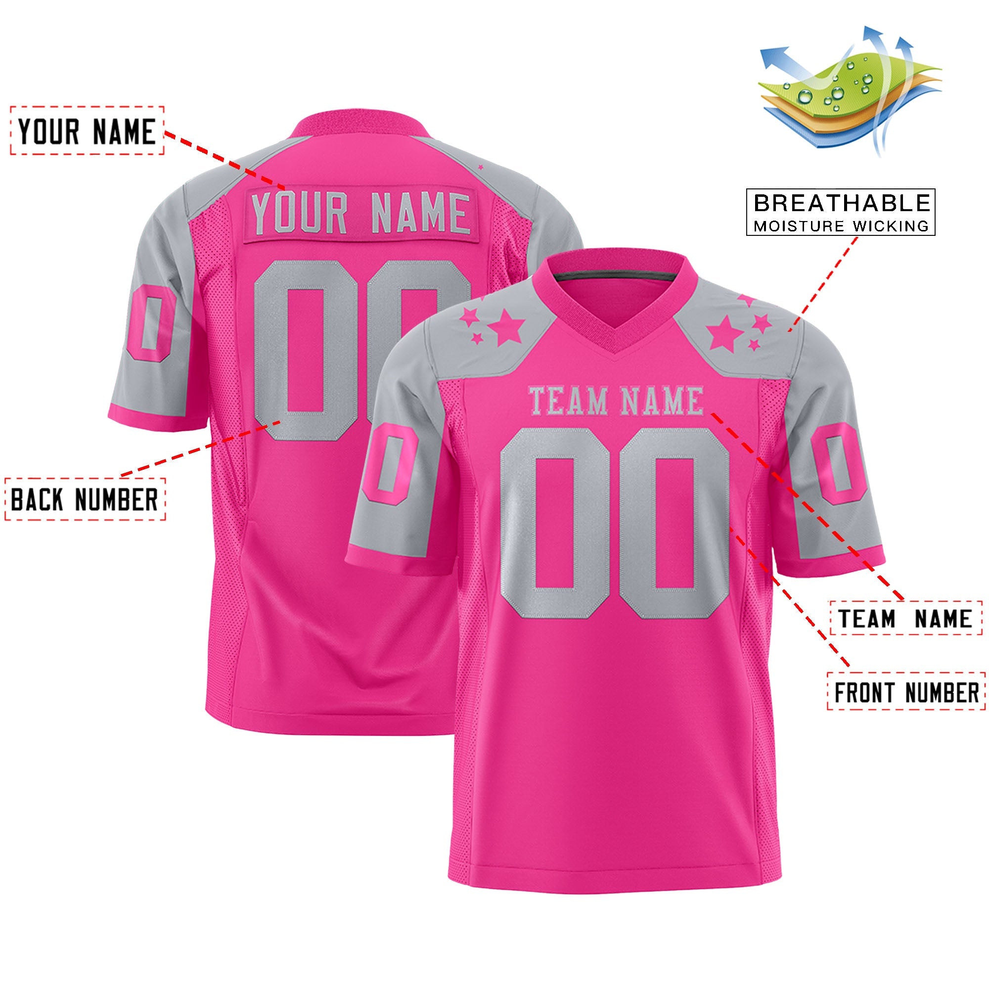 Custom Pink Gray Personalized Shoulder Star Pattern Authentic Football Jersey