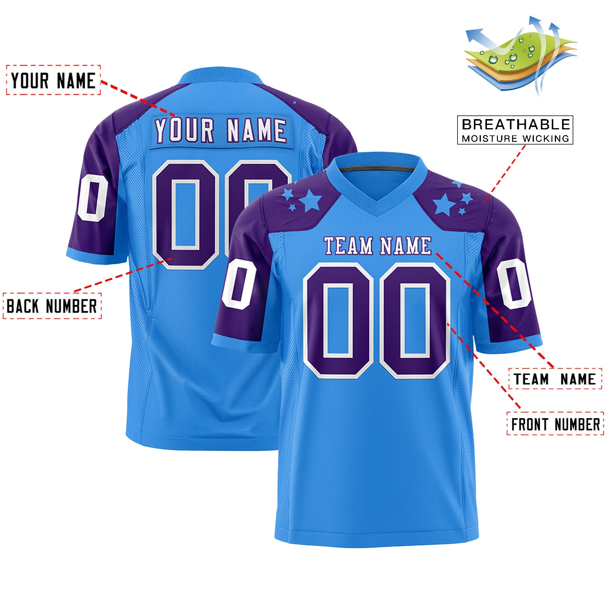 Custom Powder Blue Purple Personalized Shoulder Star Pattern Authentic Football Jersey