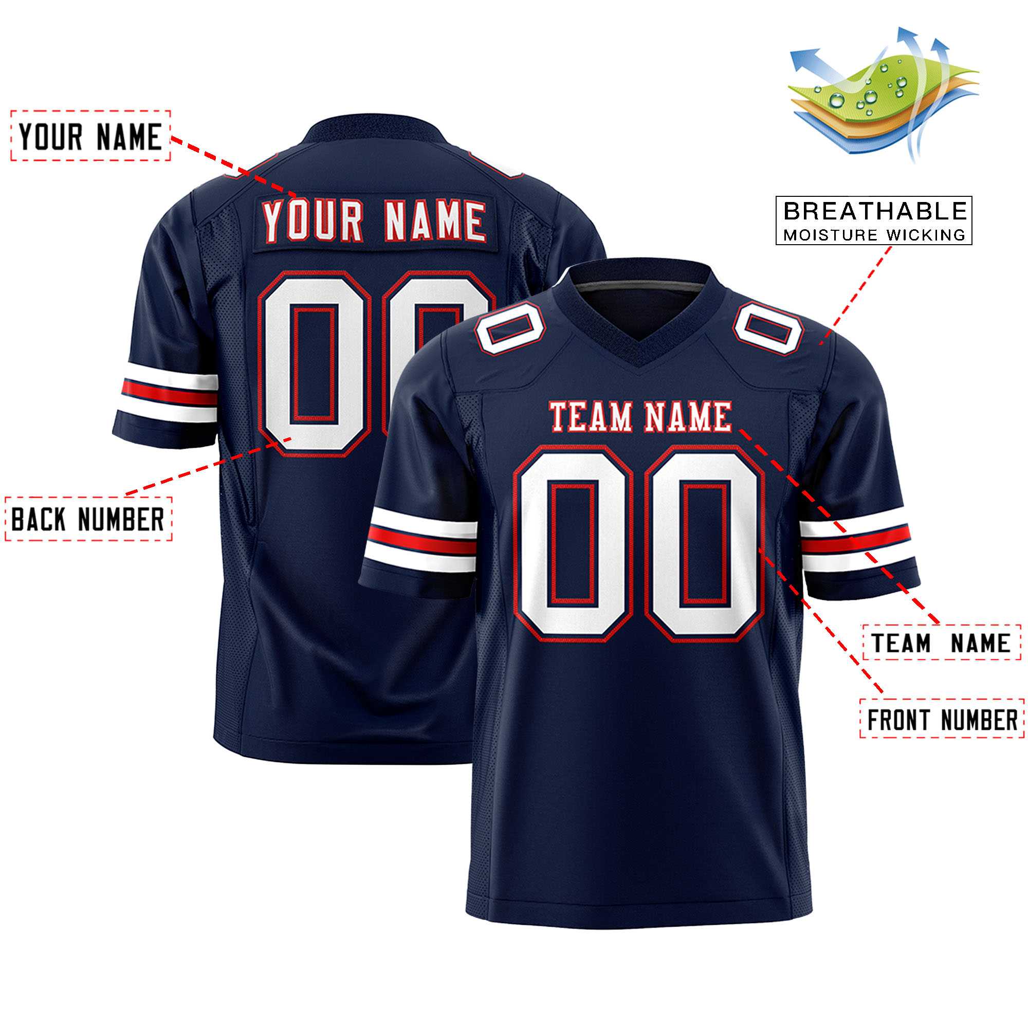 Custom Navy White-Red Personalized Classic Authentic Football Jersey