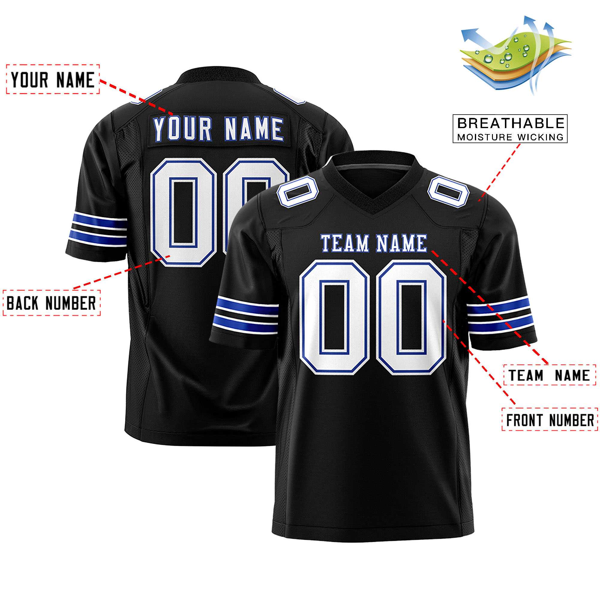 Custom Black White-Royal Personalized Classic Authentic Football Jersey