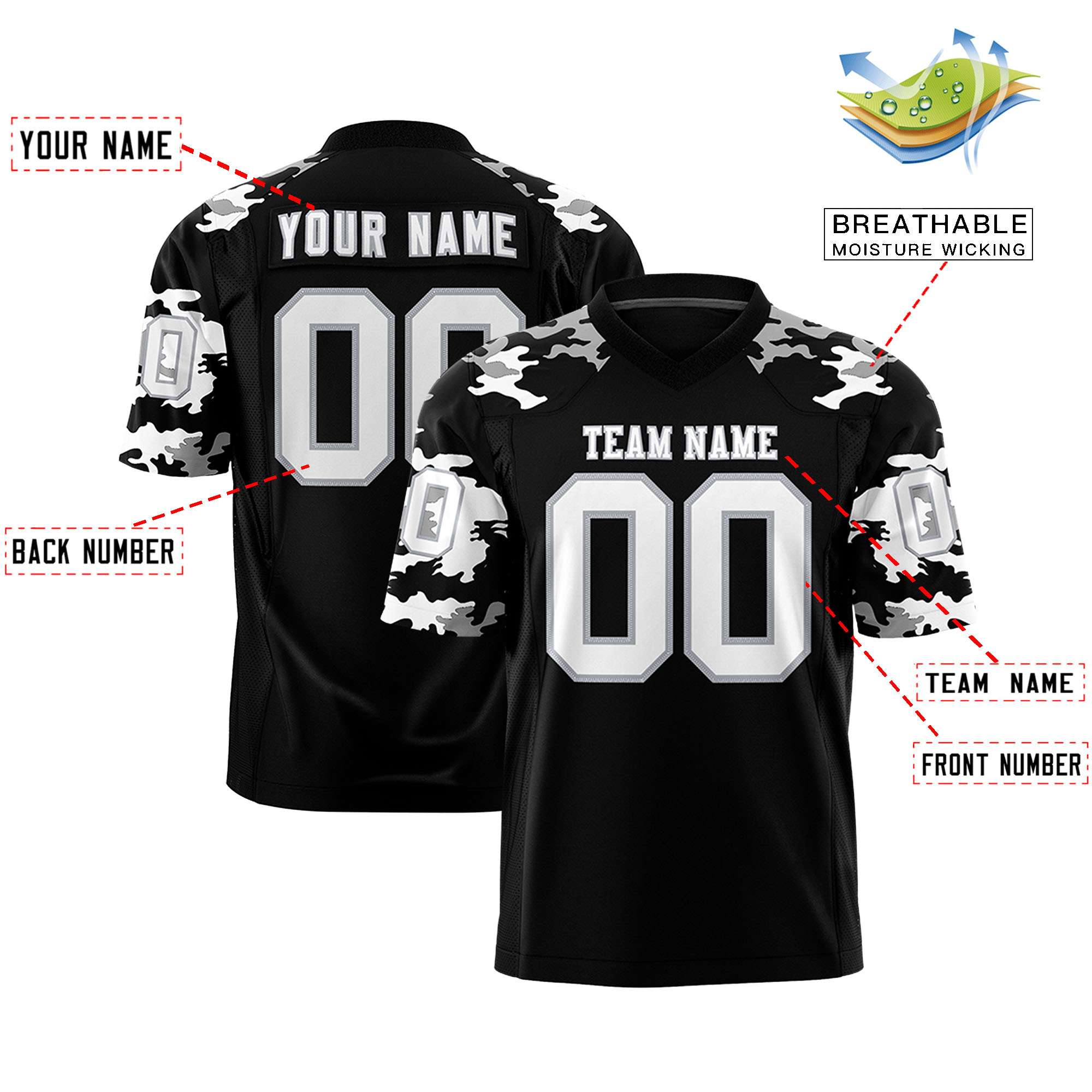 Custom Black White-Gray Personalized Camo Authentic Football Jersey