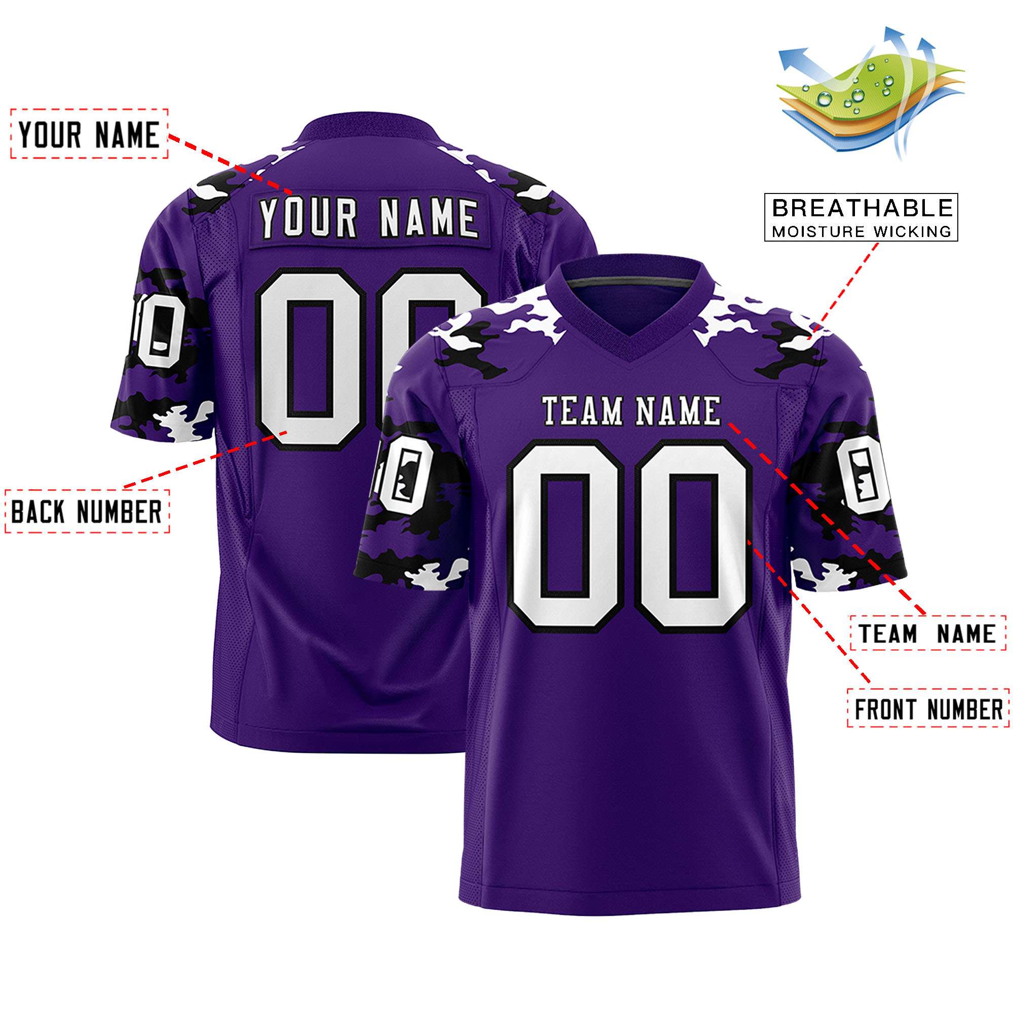 Custom Purple White-Black Personalized Camo Authentic Football Jersey