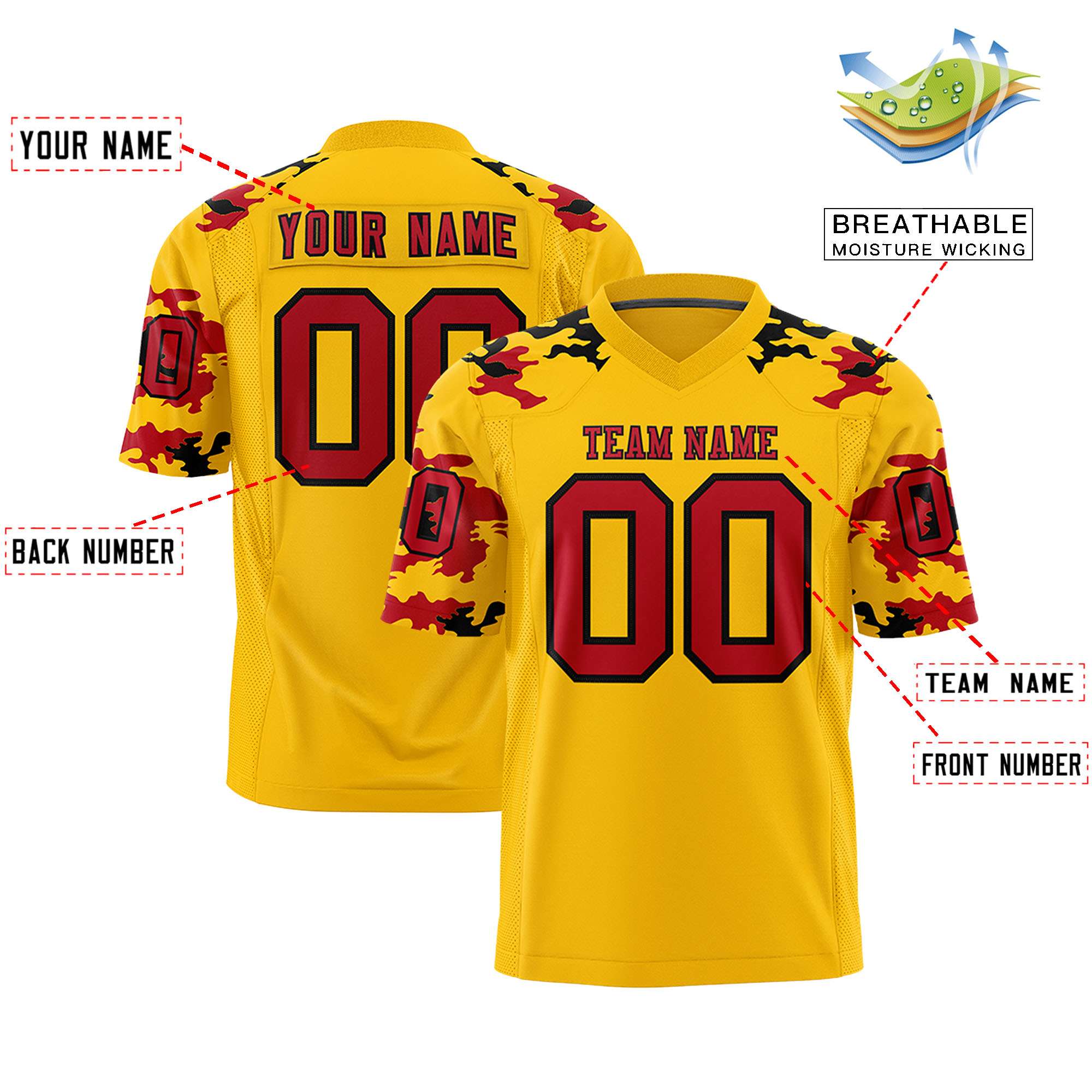 Custom Gold Red-Black Personalized Camo Authentic Football Jersey