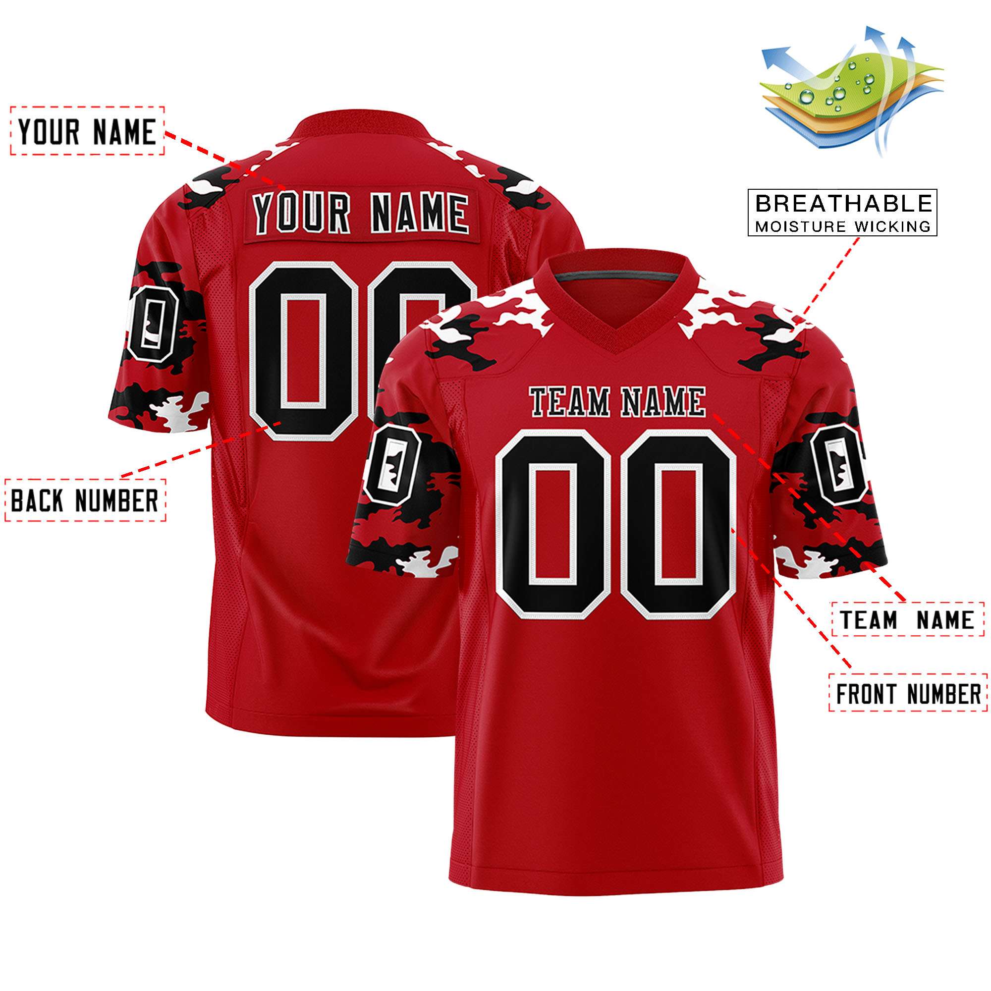 Custom Red Black-White Personalized Camo Authentic Football Jersey