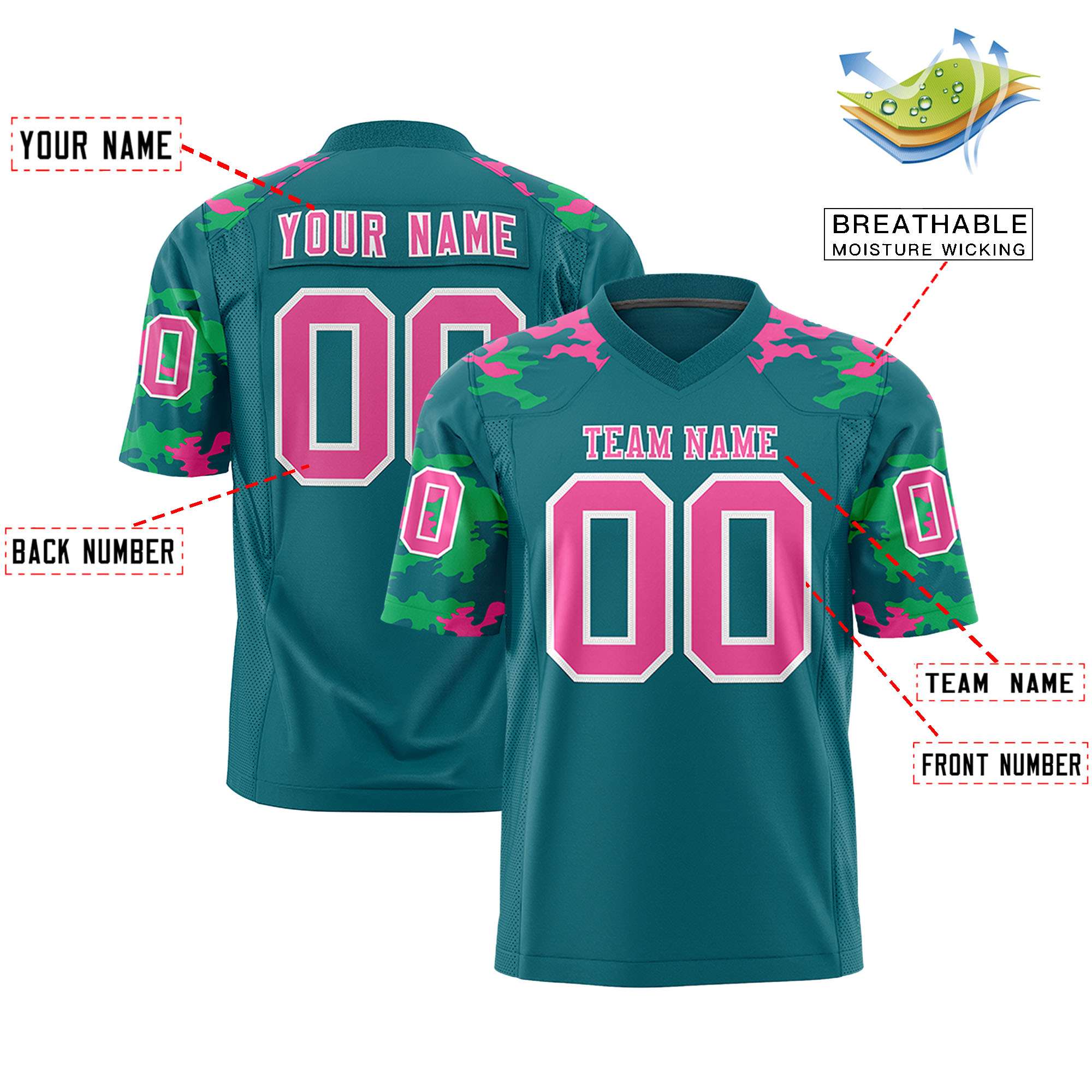 Custom Aqua Pink-White Personalized Camo Authentic Football Jersey