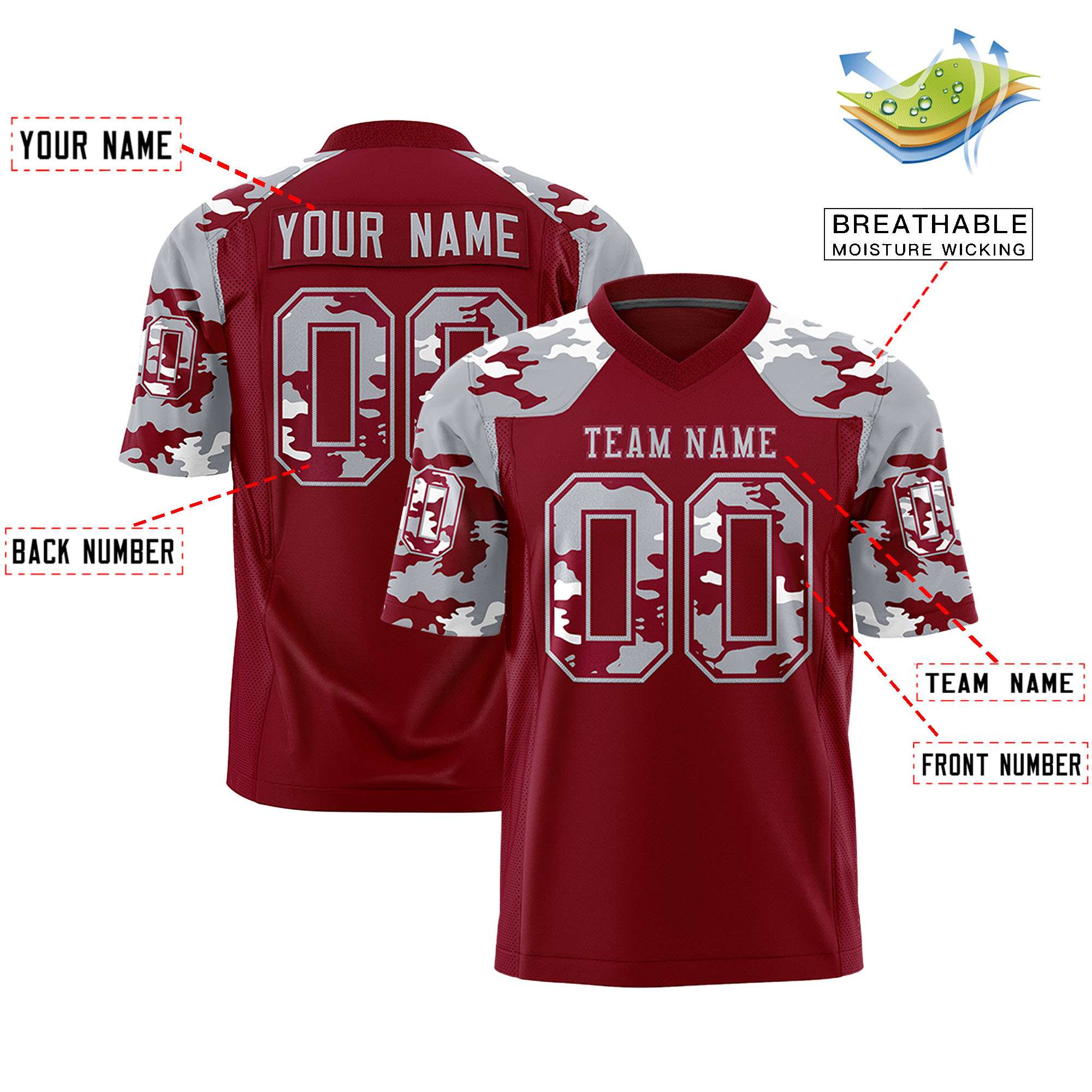 Custom Crimson Gray Personalized Camo Authentic Football Jersey