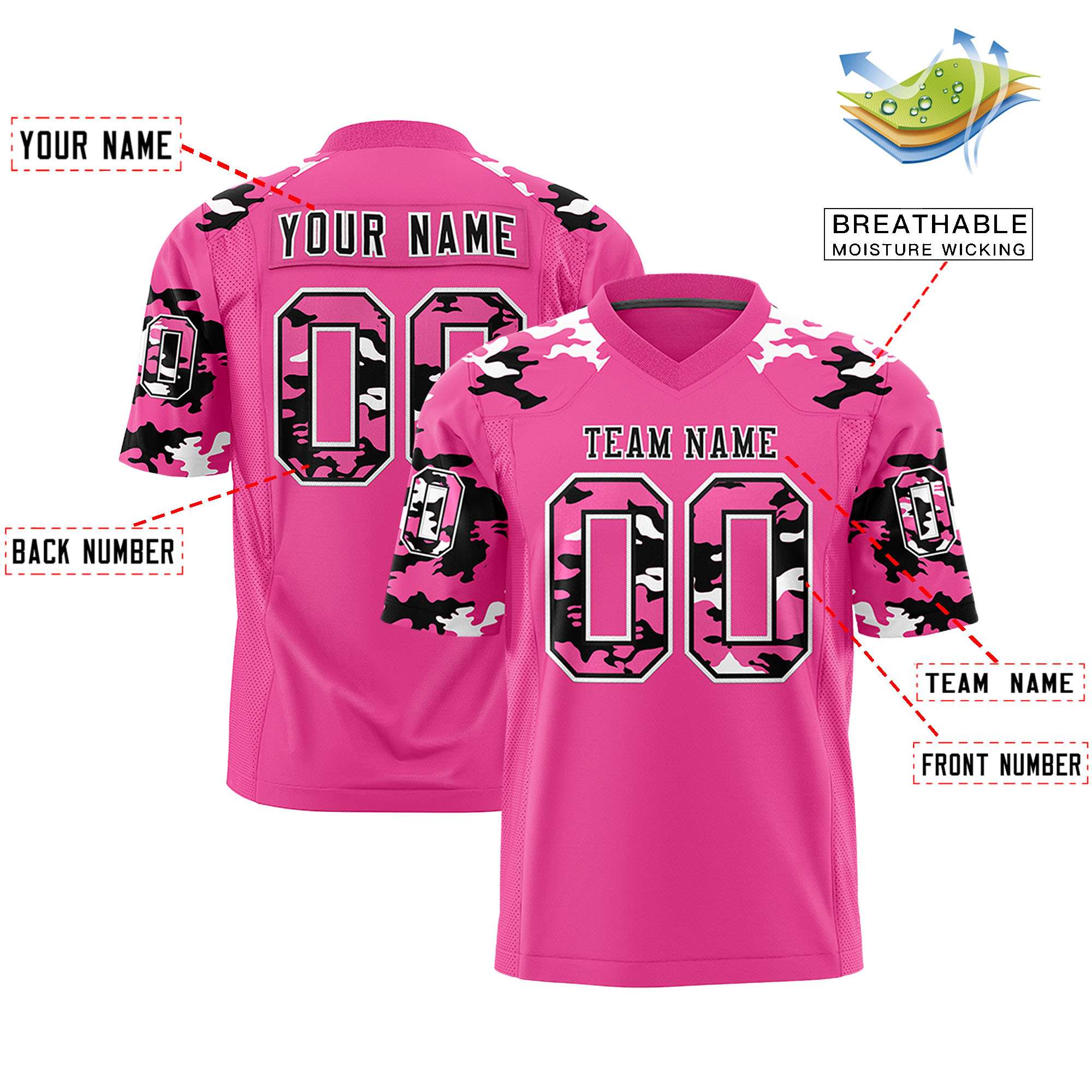 Custom Pink Black-White Personalized Camo Authentic Football Jersey