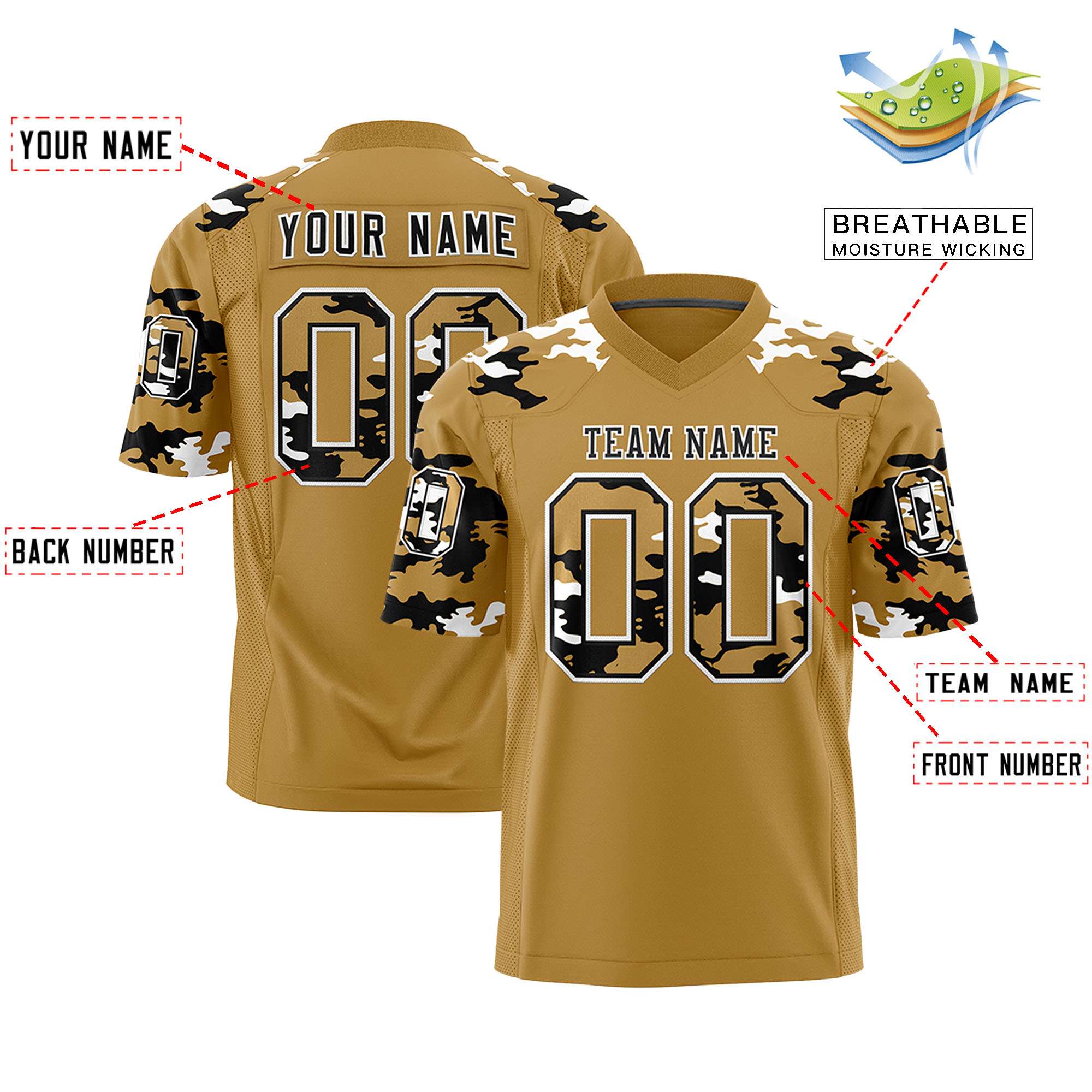 Custom Old Gold Black-White Personalized Camo Authentic Football Jersey