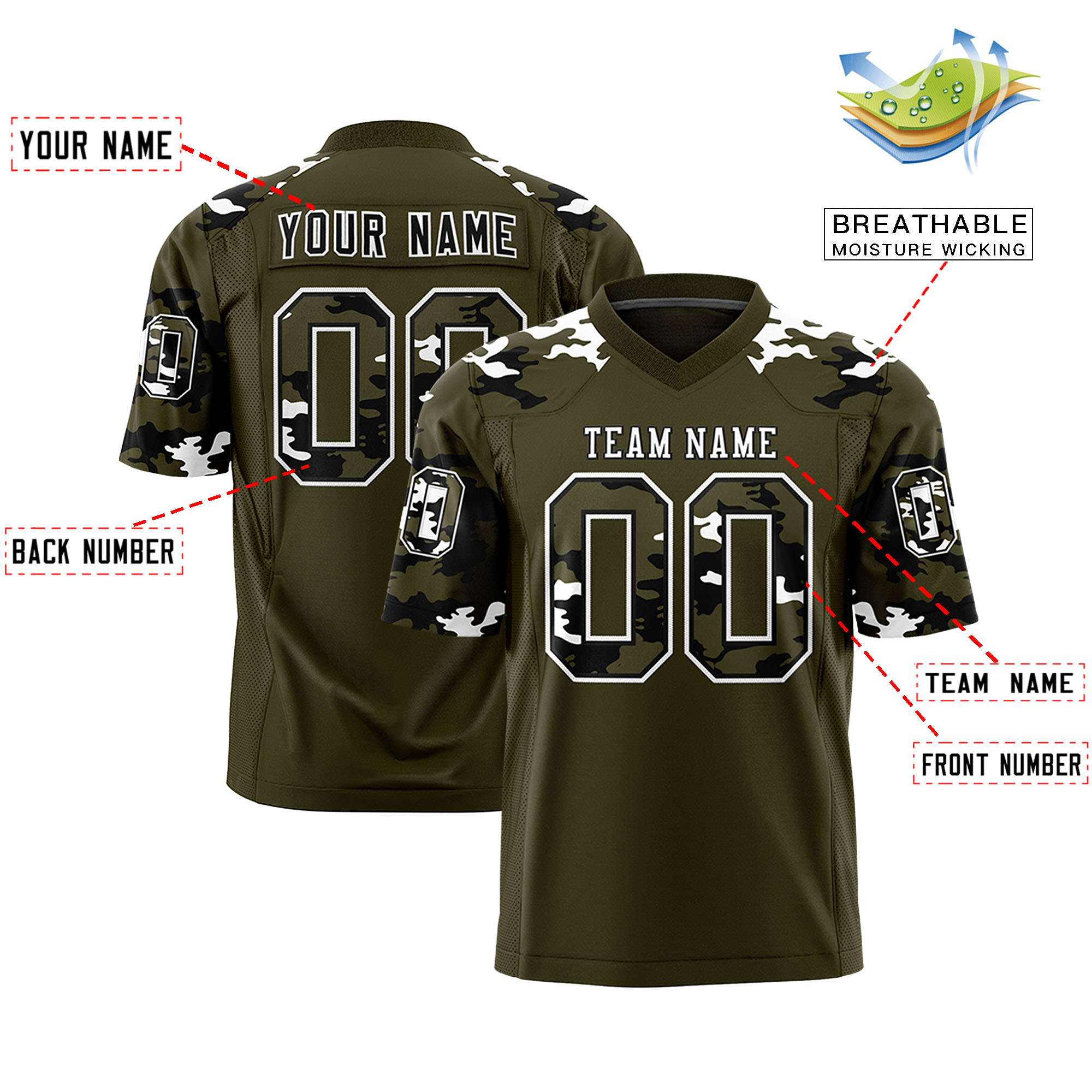 Custom Olive Black-White Personalized Camo Authentic Football Jersey