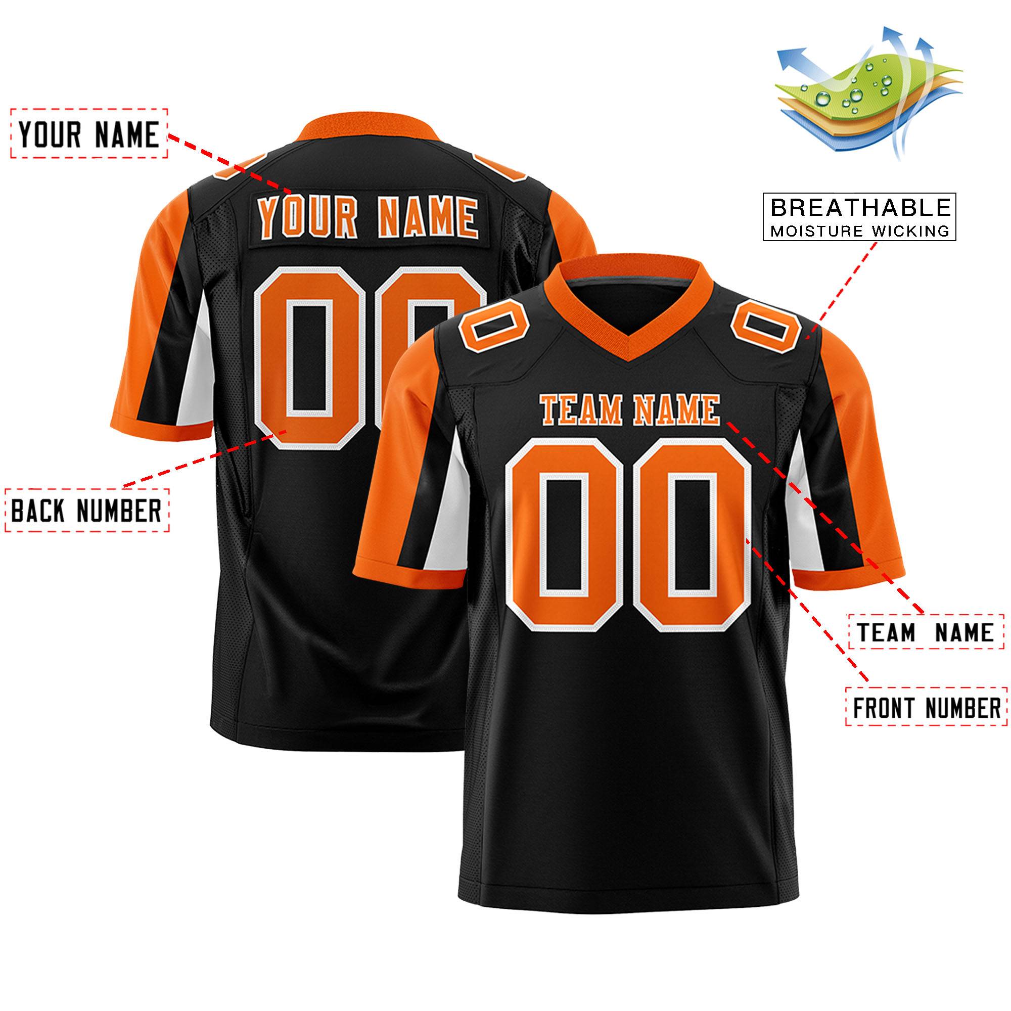 Custom Black Orange-White Color Block Personalized Raglan Sleeves Authentic Football Jersey