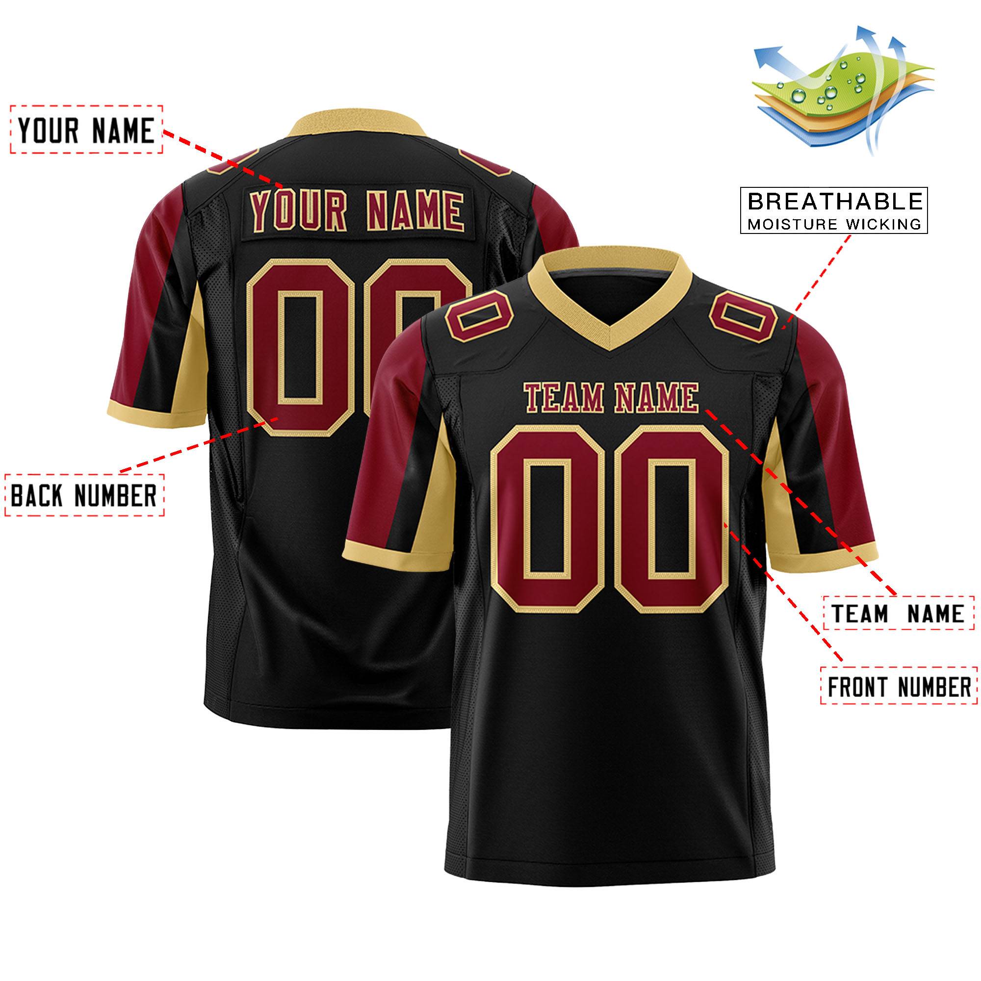 Custom Black Crimson-Khaki Color Block Personalized Raglan Sleeves Authentic Football Jersey