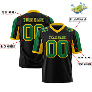 Custom Black Kelly Green-Gold Color Block Personalized Raglan Sleeves Authentic Football Jersey