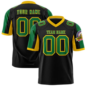 Custom Black Kelly Green-Gold Color Block Personalized Raglan Sleeves Authentic Football Jersey