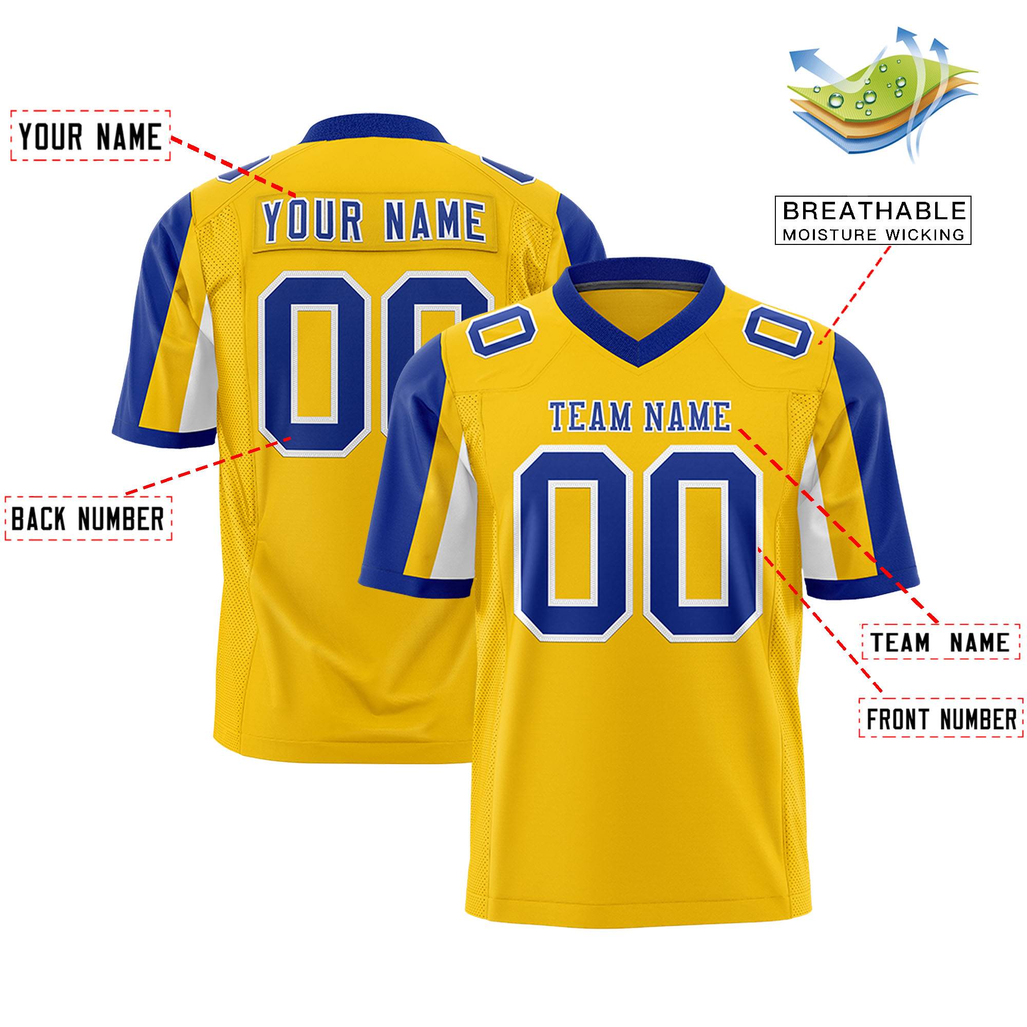 Custom Gold Royal-White Color Block Personalized Raglan Sleeves Authentic Football Jersey