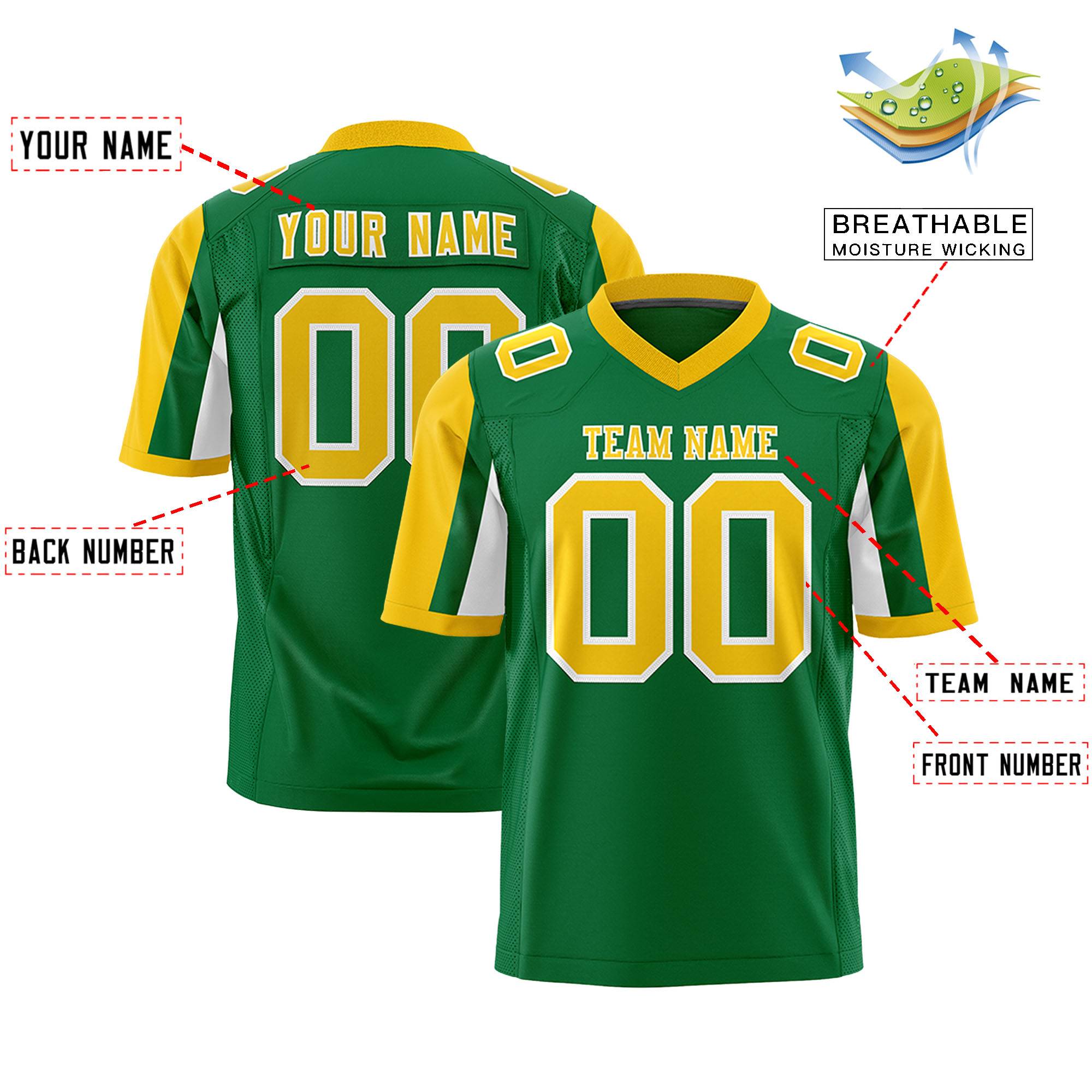 Custom Kelly Green Gold-White Color Block Personalized Raglan Sleeves Authentic Football Jersey