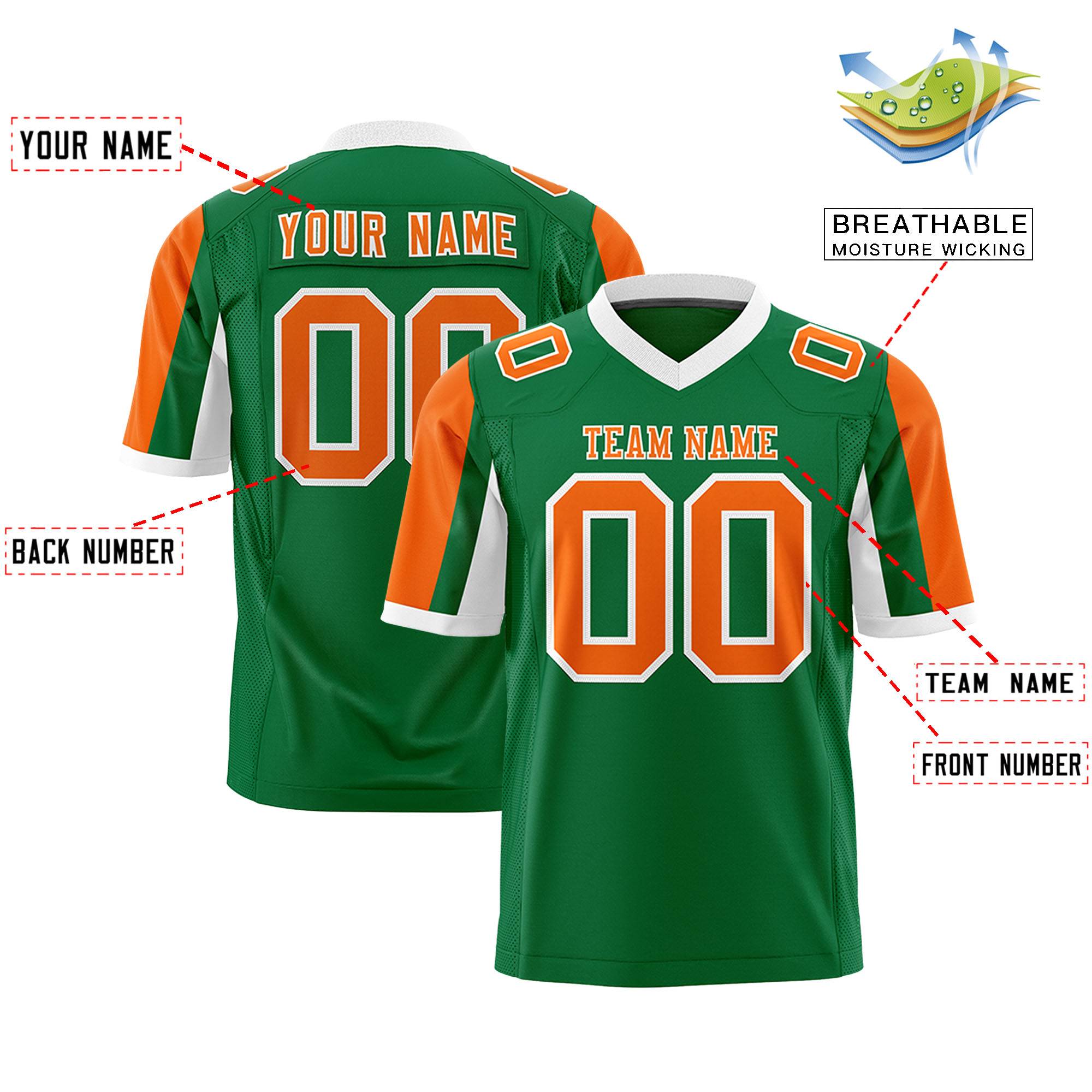 Custom Kelly Green Orange-White Color Block Personalized Raglan Sleeves Authentic Football Jersey