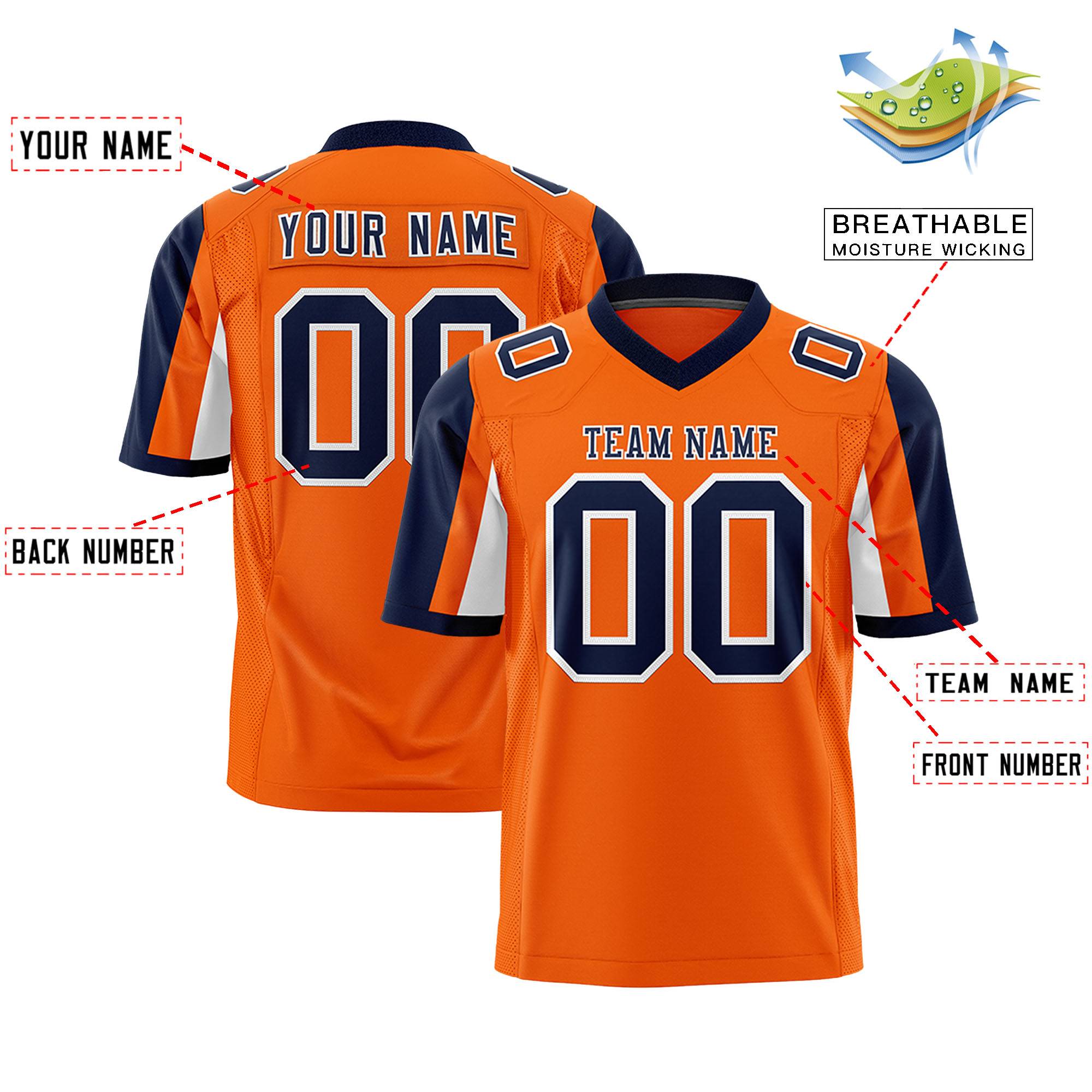 Custom Orange Navy-White Color Block Personalized Raglan Sleeves Authentic Football Jersey