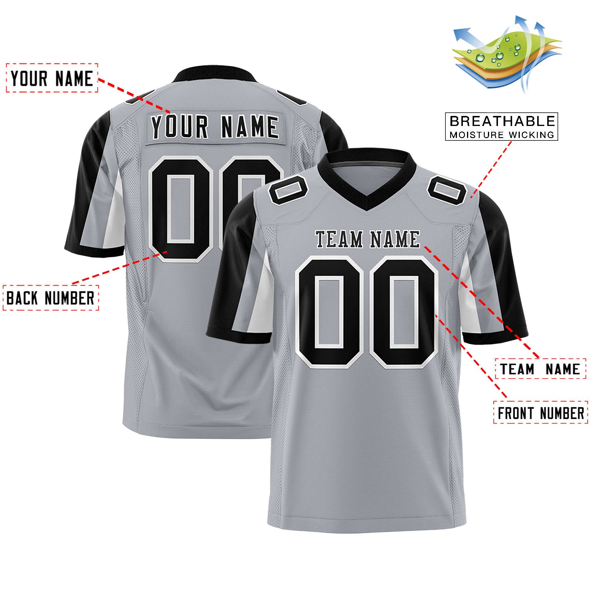 Custom Gray Black-White Color Block Personalized Raglan Sleeves Authentic Football Jersey