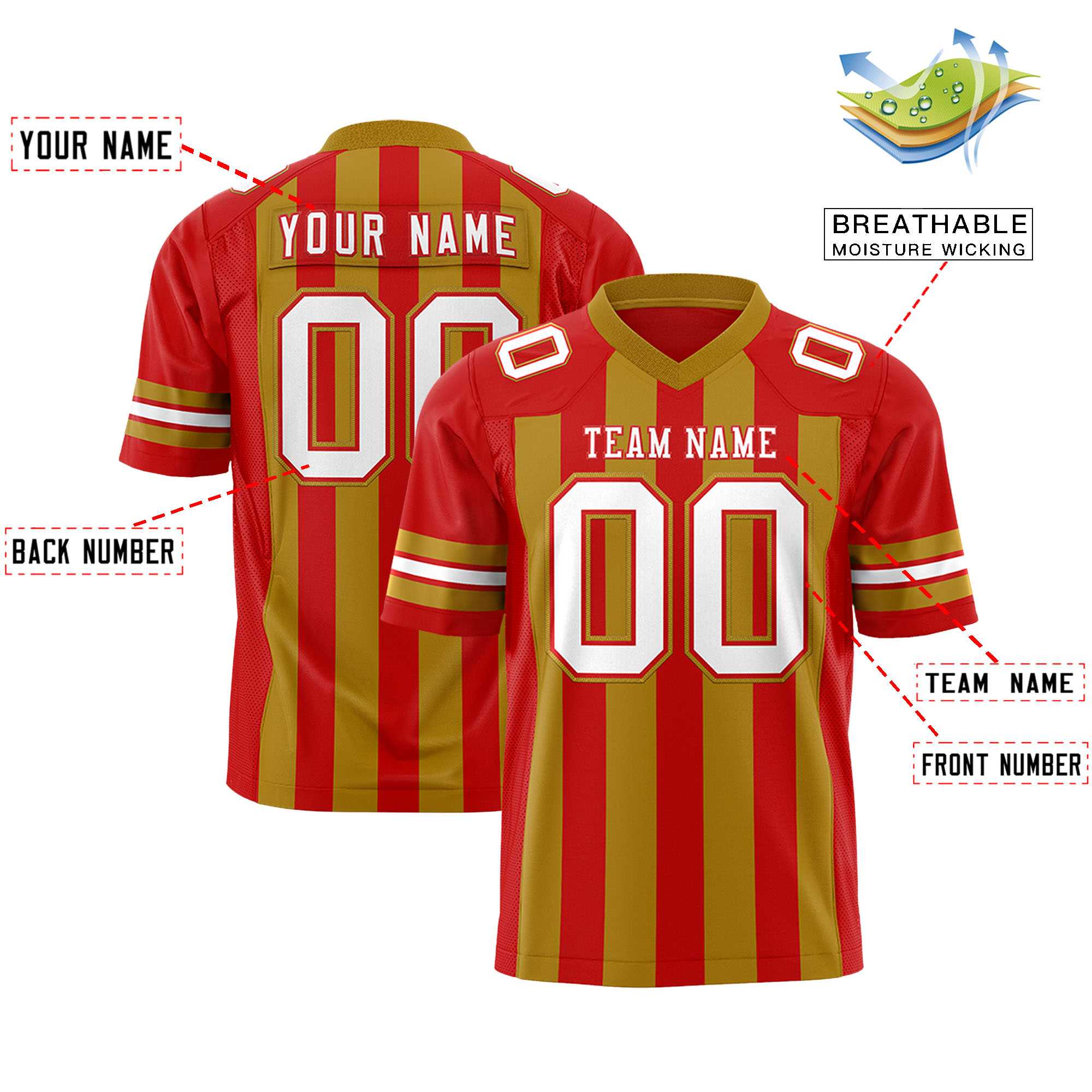 Custom Red Old Gold Personalized Thick Stripe Design Authentic Football Jersey