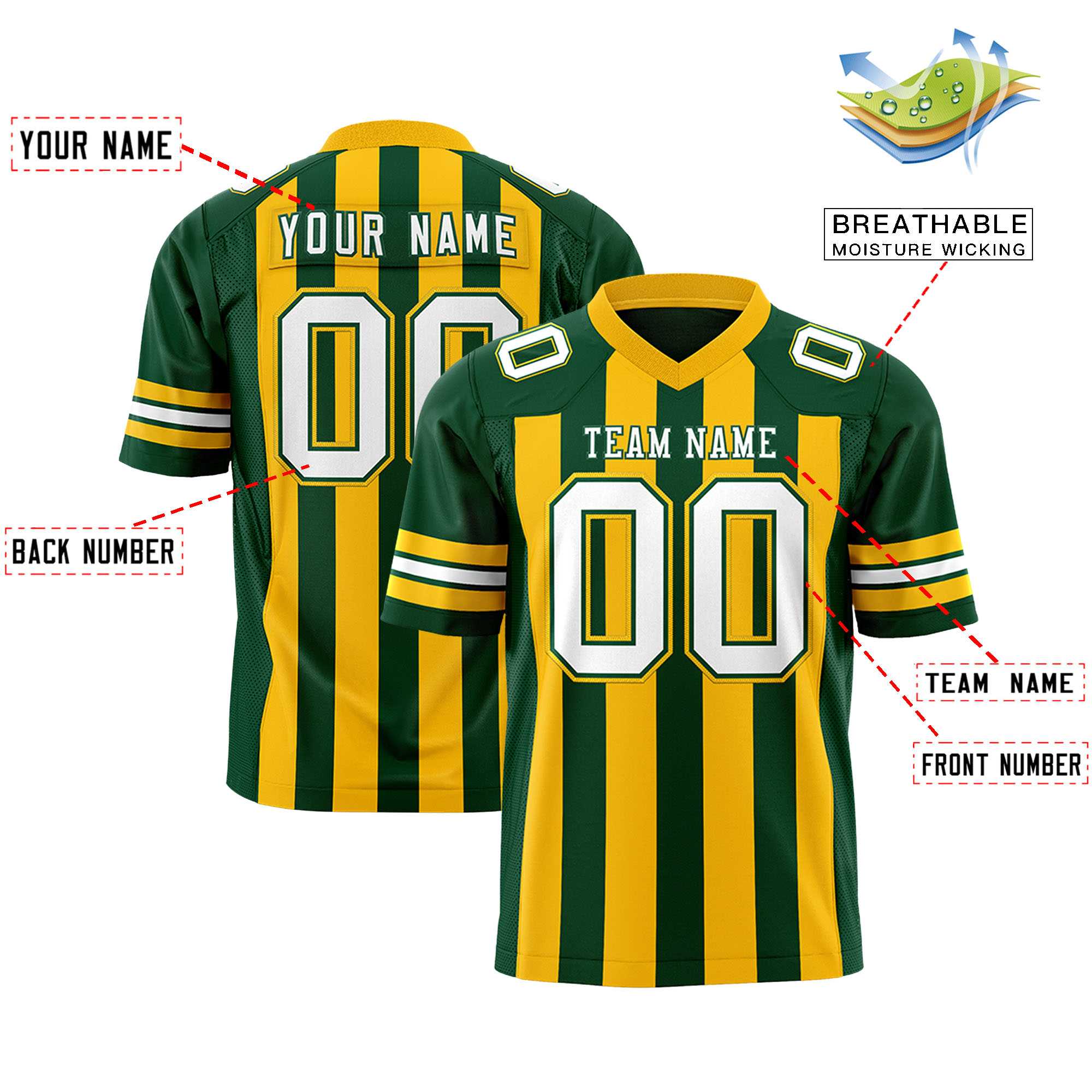 Custom Green Gold Personalized Thick Stripe Design Authentic Football Jersey