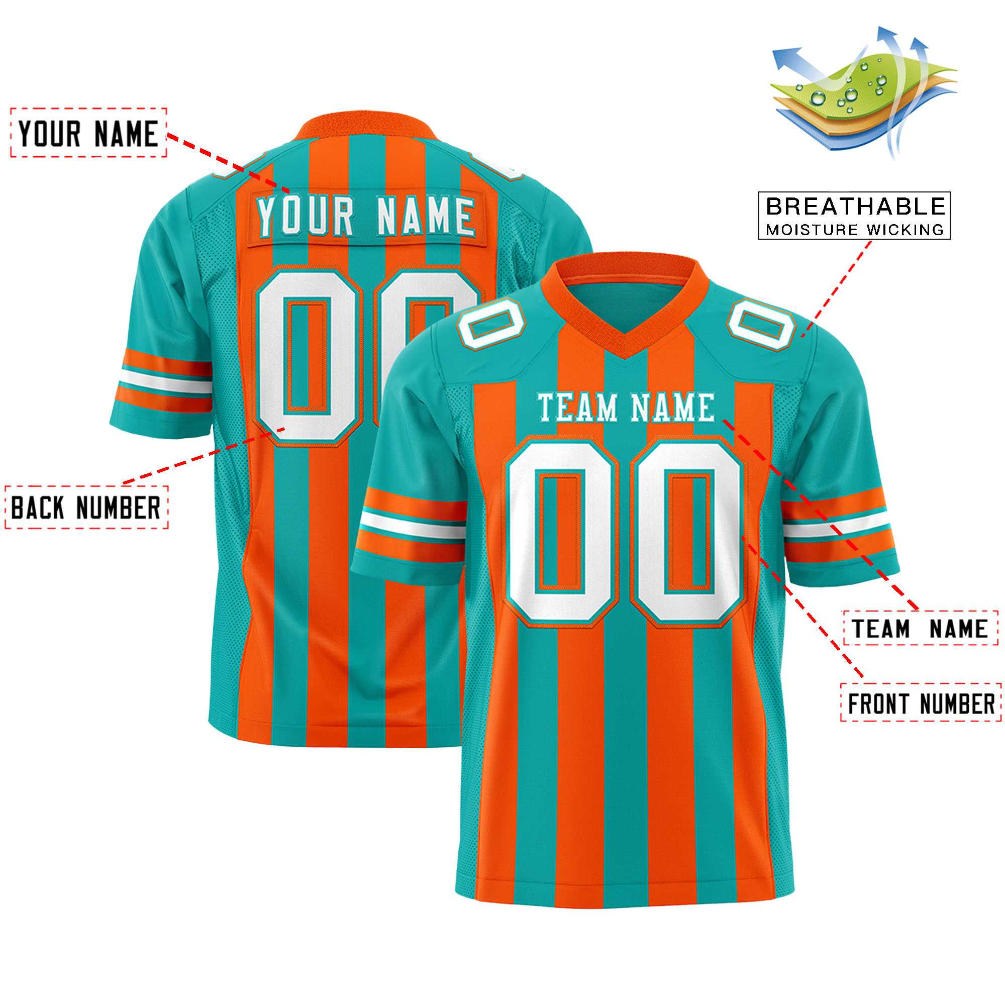 Custom Aqua Orange Personalized Thick Stripe Design Authentic Football Jersey