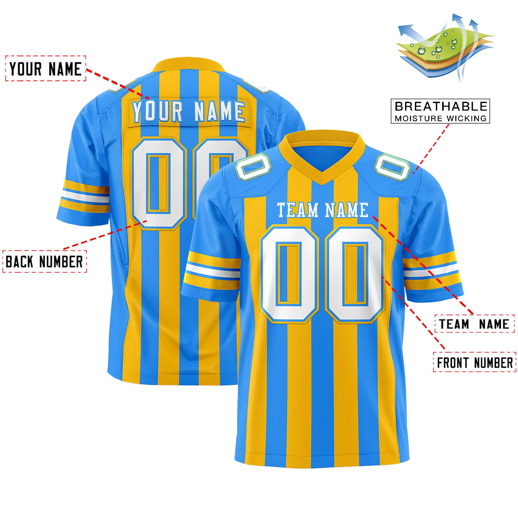 Custom Powder Blue Yellow Personalized Thick Stripe Design Authentic Football Jersey